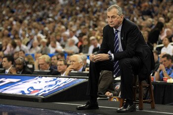 HOUSTON, TX - APRIL 04:  Head coach Jim Calhoun of the Connecticut Huskies looks on from the sidelines against the Butler Bulldogs during the National Championship Game of the 2011 NCAA Division I Men's Basketball Tournament at Reliant Stadium on April 4,