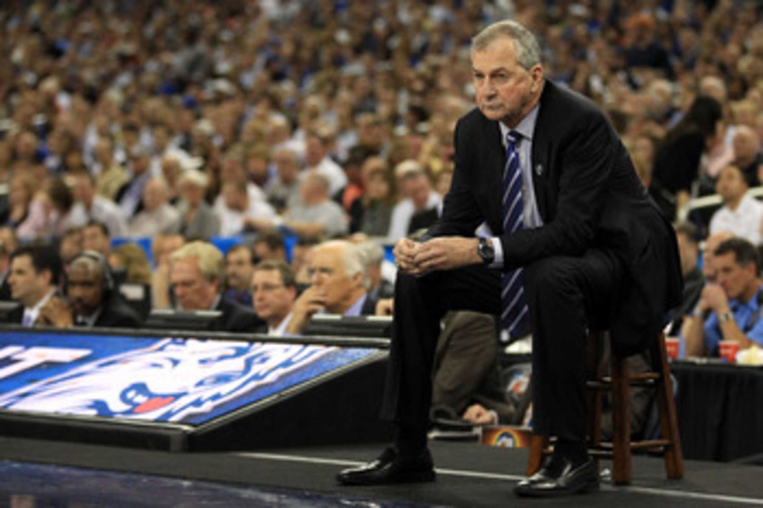HOUSTON, TX - APRIL 04: Head coach Jim Calhoun of the Connecticut Huskies looks on from the sidelines against the Butler Bulldogs during the National Championship Game of the 2011 NCAA Division I Men's Basketball Tournament at Reliant Stadium on April 4, HOUSTON, TX - APRIL 04: Head coach Jim Calhoun of the Connecticut Huskies looks on from the sidelines against the Butler Bulldogs during the National Championship Game of the 2011 NCAA Division I Men's Basketball Tournament at Reliant Stadium on April 4,