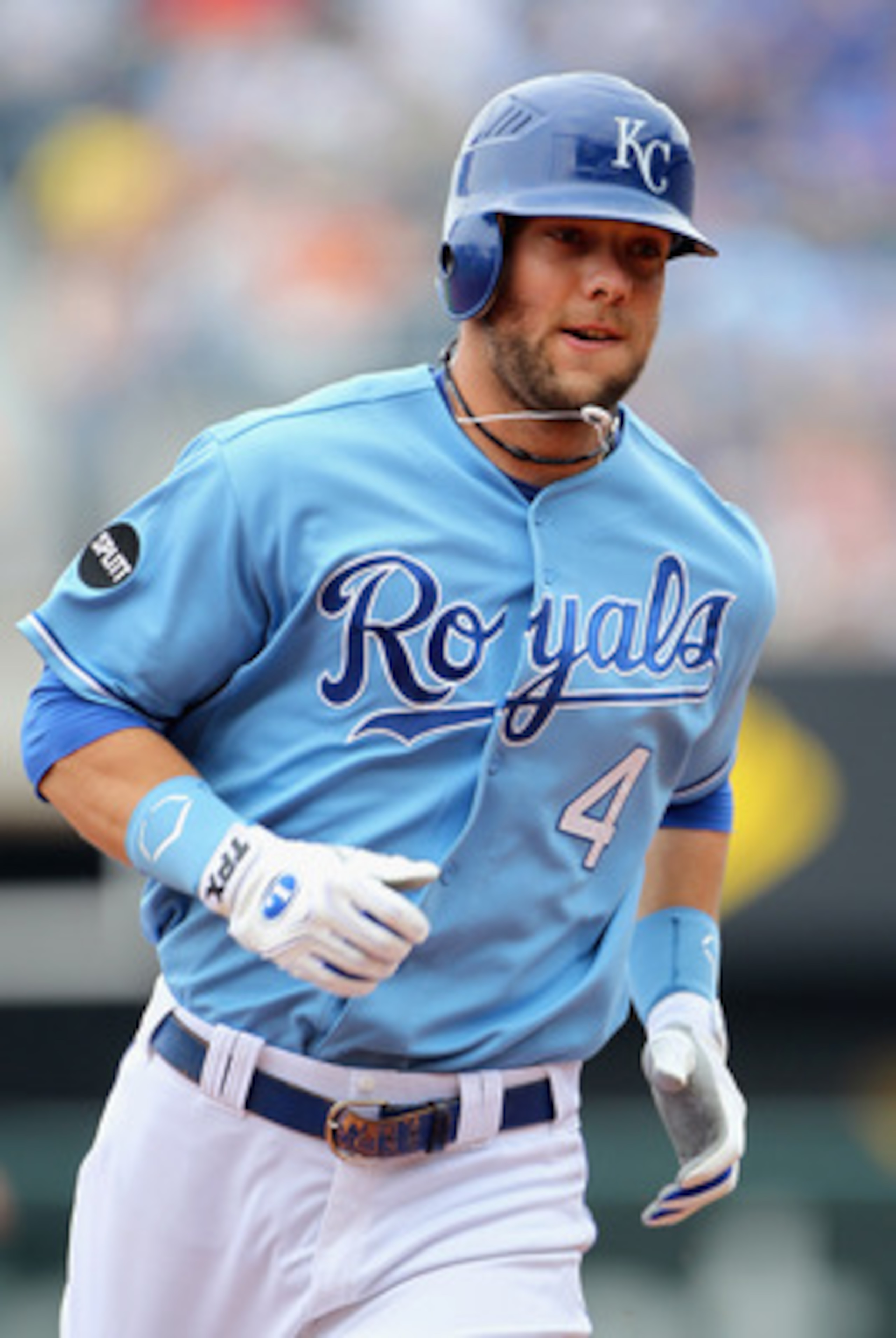 KANSAS CITY, MO - MAY 30:  Alex Gordon #4 of the Kansas City Royals rounds the bases after hitting a leadoff home run during the 1st inning of the game against the Los Angeles Angels of Anaheim on May 30, 2011 at Kauffman Stadium in Kansas City, Missouri.
