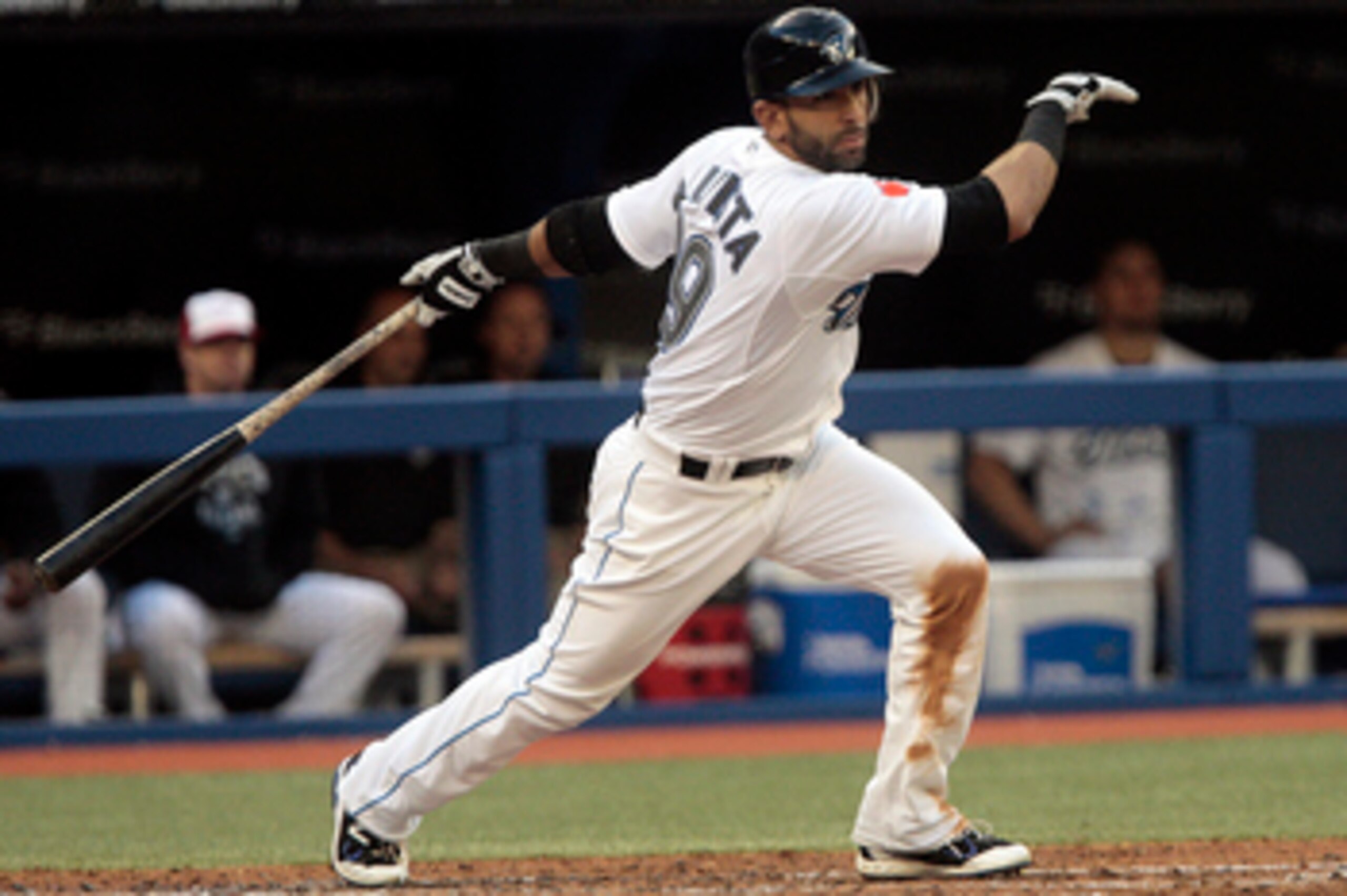 TORONTO, CANADA - MAY 30:  Jose Bautista #19 of the Toronto Blue Jays hits a two-run double against the Cleveland Indians during MLB action at Rogers Centre May 30, 2011 in Toronto, Ontario, Canada. (Photo by Abelimages/Getty Images)