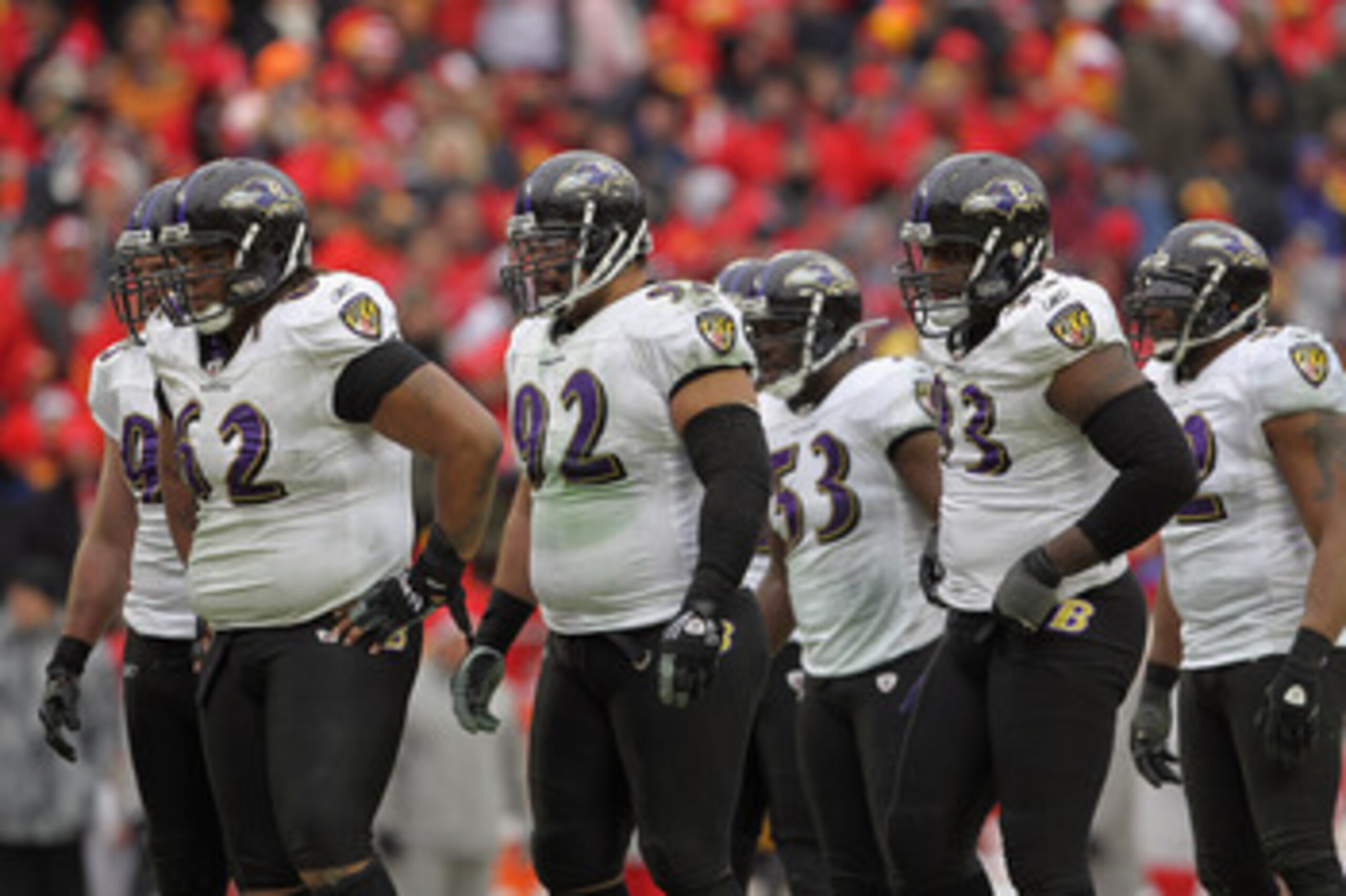 KANSAS CITY, MO - JANUARY 09: Terrence Cody #62, Haloti Ngata #92, Jameel McClain #53, Cory Redding #93 and Ray Lewis #52 and the Baltimore Ravens defense prepare to face the Kansas City Chiefs during their 2011 AFC wild card playoff game at Arrowhead St KANSAS CITY, MO - JANUARY 09: Terrence Cody #62, Haloti Ngata #92, Jameel McClain #53, Cory Redding #93 and Ray Lewis #52 and the Baltimore Ravens defense prepare to face the Kansas City Chiefs during their 2011 AFC wild card playoff game at Arrowhead St