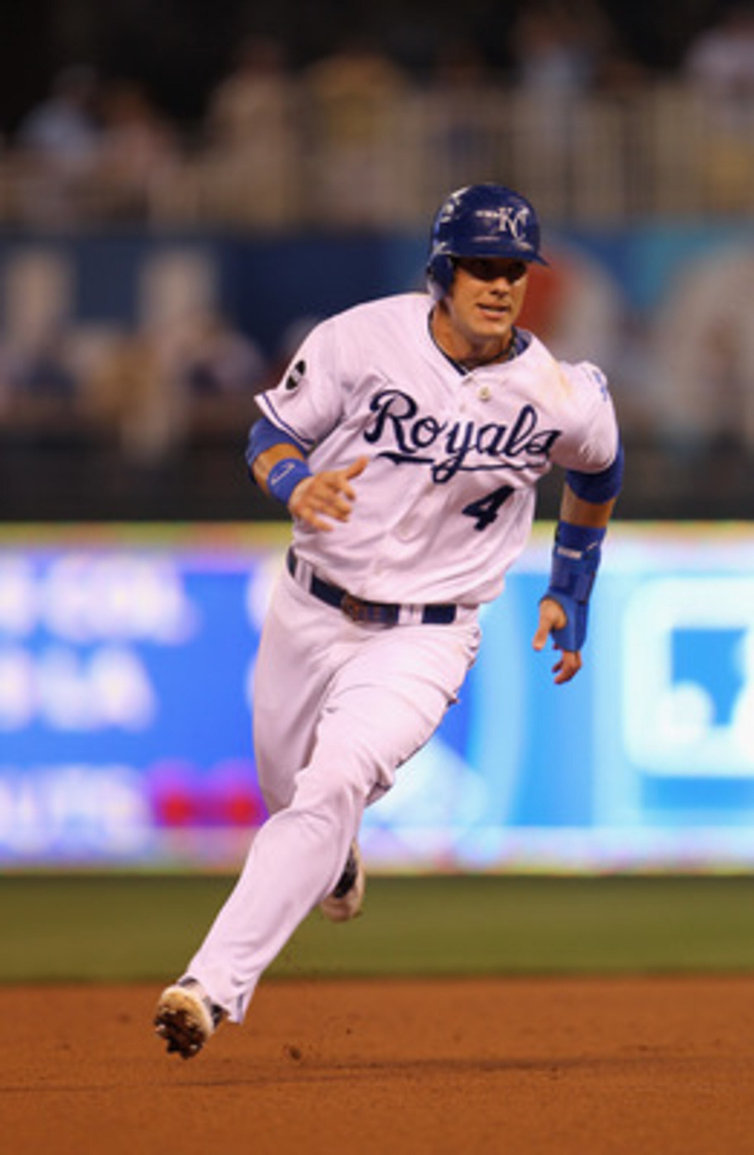 KANSAS CITY, MO - MAY 31:  Alex Gordon #4 of the Kansas City Royals rounds the bases during the game against the Los Angeles Angels of Anaheim on May 31, 2011 at Kauffman Stadium in Kansas City, Missouri.  (Photo by Jamie Squire/Getty Images)