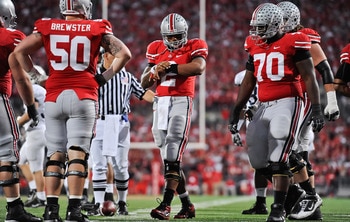 COLUMBUS, OH - NOVEMBER 13:  Quarterback Terrelle Pryor #2 of the Ohio State Buckeyes checks his wristband for the next play against the Penn State Nittany Lions at Ohio Stadium on November 13, 2010 in Columbus, Ohio.  (Photo by Jamie Sabau/Getty Images)