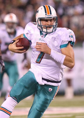 EAST RUTHERFORD, NJ - DECEMBER 12:  Chad Henne #7 of the Miami Dolphins scrambles from the pocket against the New York Jets at New Meadowlands Stadium on December 12, 2010 in East Rutherford, New Jersey.  (Photo by Nick Laham/Getty Images)