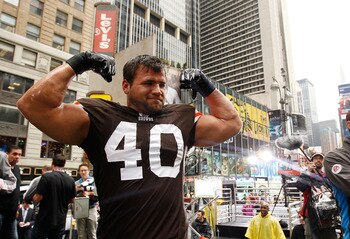 NEW YORK - APRIL 28: Peyton Hillis #40 of the Cleveland Browns participates in a photo shoot for the cover of EA Sports Madden NFL 12 on April 28, 2011 in Time Square, New York City (Photo by Mike Stobe/Getty Images for EA) NEW YORK - APRIL 28: Peyton Hillis #40 of the Cleveland Browns participates in a photo shoot for the cover of EA Sports Madden NFL 12 on April 28, 2011 in Time Square, New York City (Photo by Mike Stobe/Getty Images for EA)