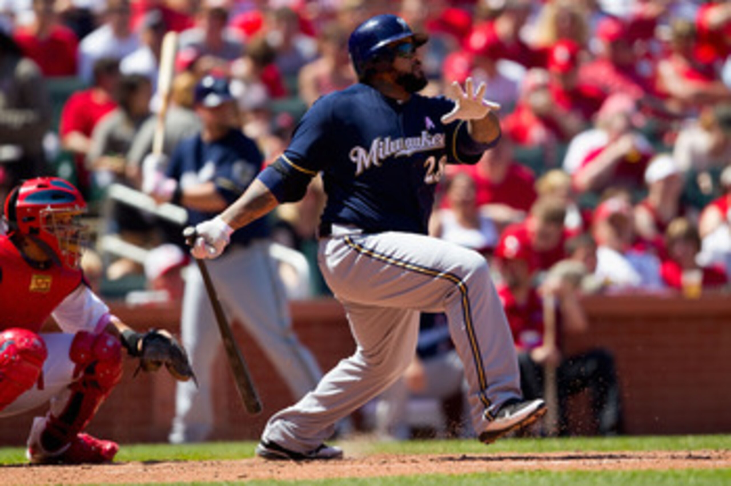 ST. LOUIS, MO - MAY 8: Prince Fielder #28 of the Milwaukee Brewers hits a single against the St. Louis Cardinals at Busch Stadium on May 8, 2011 in St. Louis, Missouri.  (Photo by Dilip Vishwanat/Getty Images)