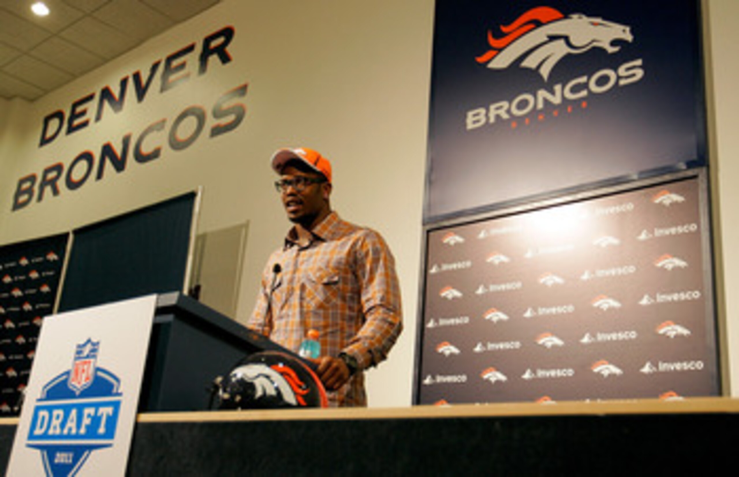 ENGLEWOOD, CO - APRIL 29:  Von Miller of the Denver Broncos speaks to the media at Dove Valley on April 29, 2011 in Englewood, Colorado. Miller, a projected outside linebacker in head coach John Fox's new 4-3 scheme, was selected second overall from Texas