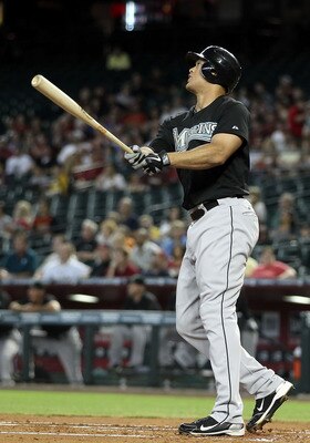 PHOENIX, AZ - JUNE 01:  Mike Stanton #27 of the Florida Marlins hits a two run home run against the Arizona Diamondbacks during the second inning of the Major League Baseball game at Chase Field on June 1, 2011 in Phoenix, Arizona.  (Photo by Christian Pe