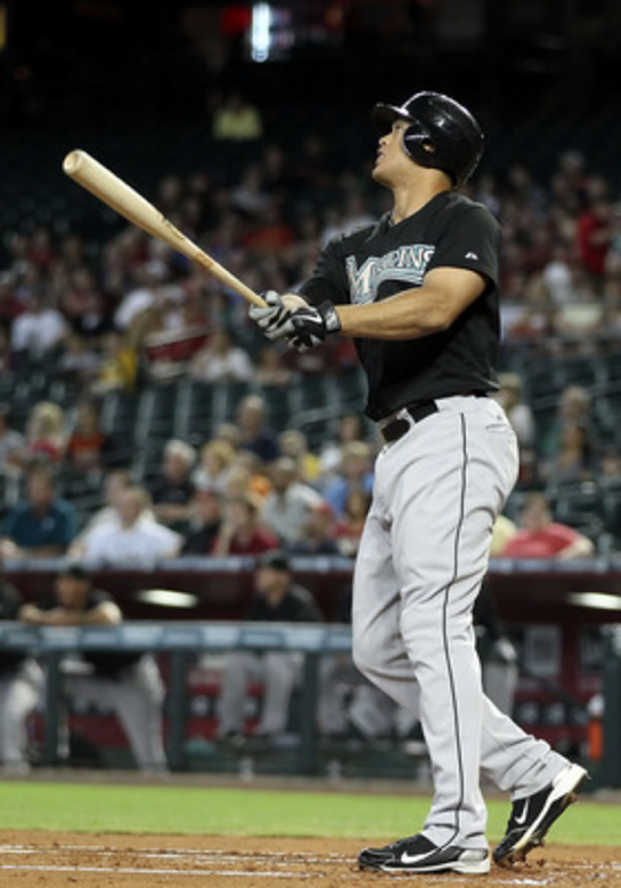 PHOENIX, AZ - JUNE 01:  Mike Stanton #27 of the Florida Marlins hits a two run home run against the Arizona Diamondbacks during the second inning of the Major League Baseball game at Chase Field on June 1, 2011 in Phoenix, Arizona.  (Photo by Christian Pe