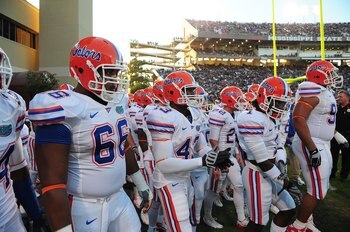 STARKVILLE, MS - OCTOBER 24:  Guard James Wilson # 66, linebacker Jelani Jenkins # 43, of the Florida Gators and their teammates prepare to take the field against the Mississippi State Bulldogs, at Davis Wade Stadium on  October 24, 2009 in Starkville, Mi