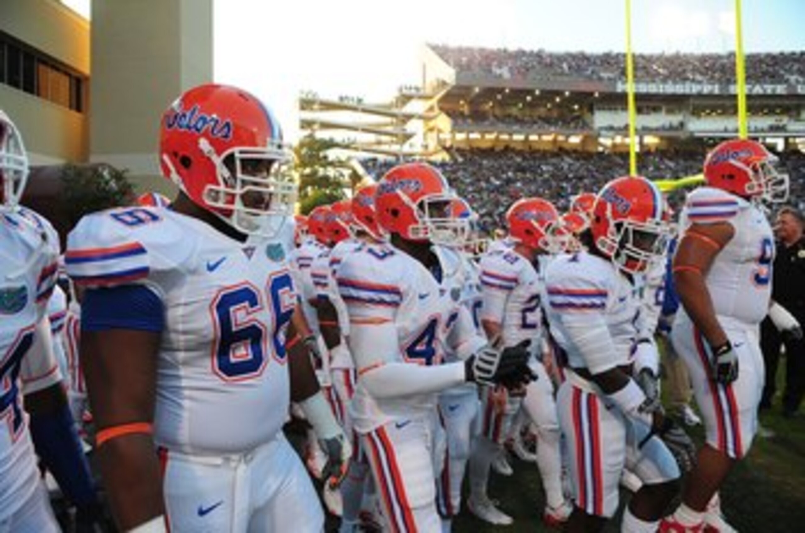 STARKVILLE, MS - OCTOBER 24:  Guard James Wilson # 66, linebacker Jelani Jenkins # 43, of the Florida Gators and their teammates prepare to take the field against the Mississippi State Bulldogs, at Davis Wade Stadium on  October 24, 2009 in Starkville, Mi