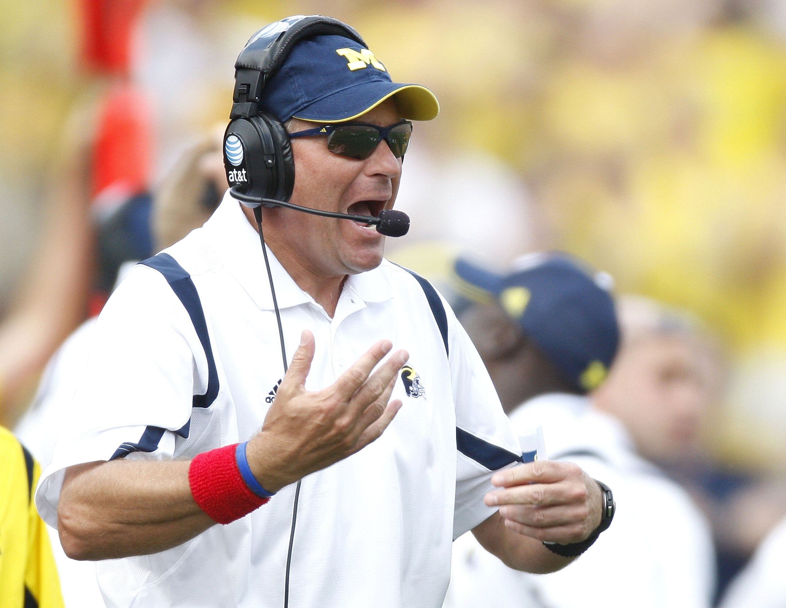 ANN ARBOR, MI - SEPTEMBER 05:  Head coach Rich Rodriguez yells for the sideline while playing the Western Michigan Broncos vs. Michigan Wolverines on September 5, 2009 at Michigan Stadium in Ann Arbor, Michigan.  (Photo by Gregory Shamus/Getty Images)