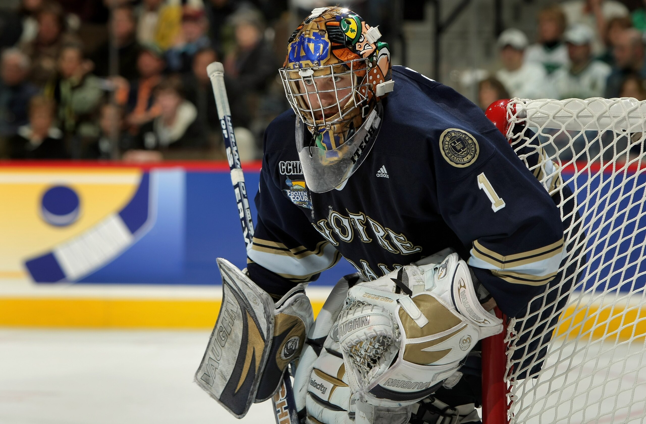 DENVER - APRIL 10:  Goaltender Jordan Pearce #1 of the Notre Dame Fighting Irish defends the goal against the Boston College Golden Eagles in the 2008 NCAA Frozen Four Men's Ice Hockey National Championship at the Pepsi Center on April 12, 2008 in Denver,