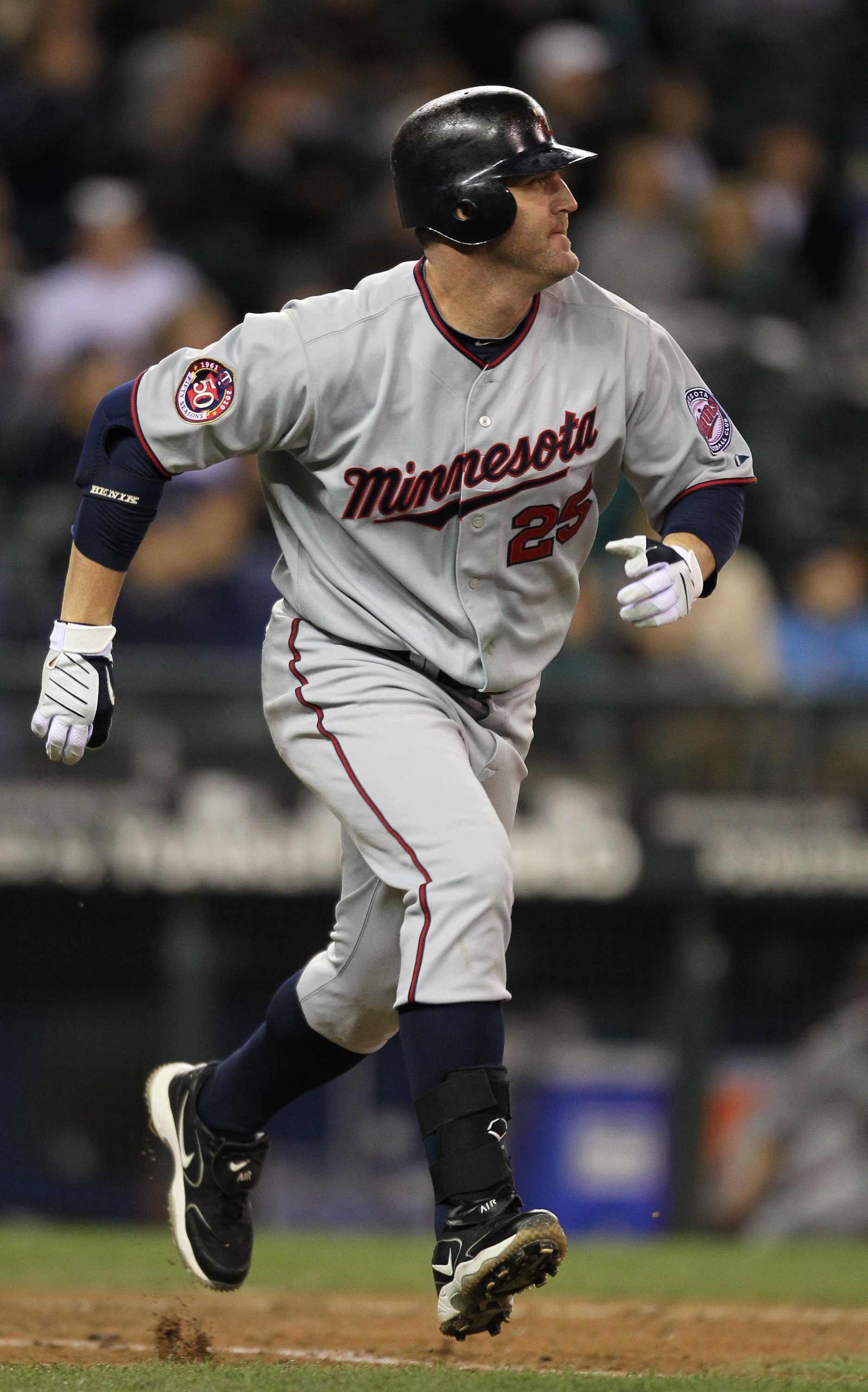 SEATTLE - JUNE 02:  Jim Thome #25 of the Minnesota Twins runs to first base against the Seattle Mariners at Safeco Field on June 2, 2010 in Seattle, Washington. (Photo by Otto Greule Jr/Getty Images)