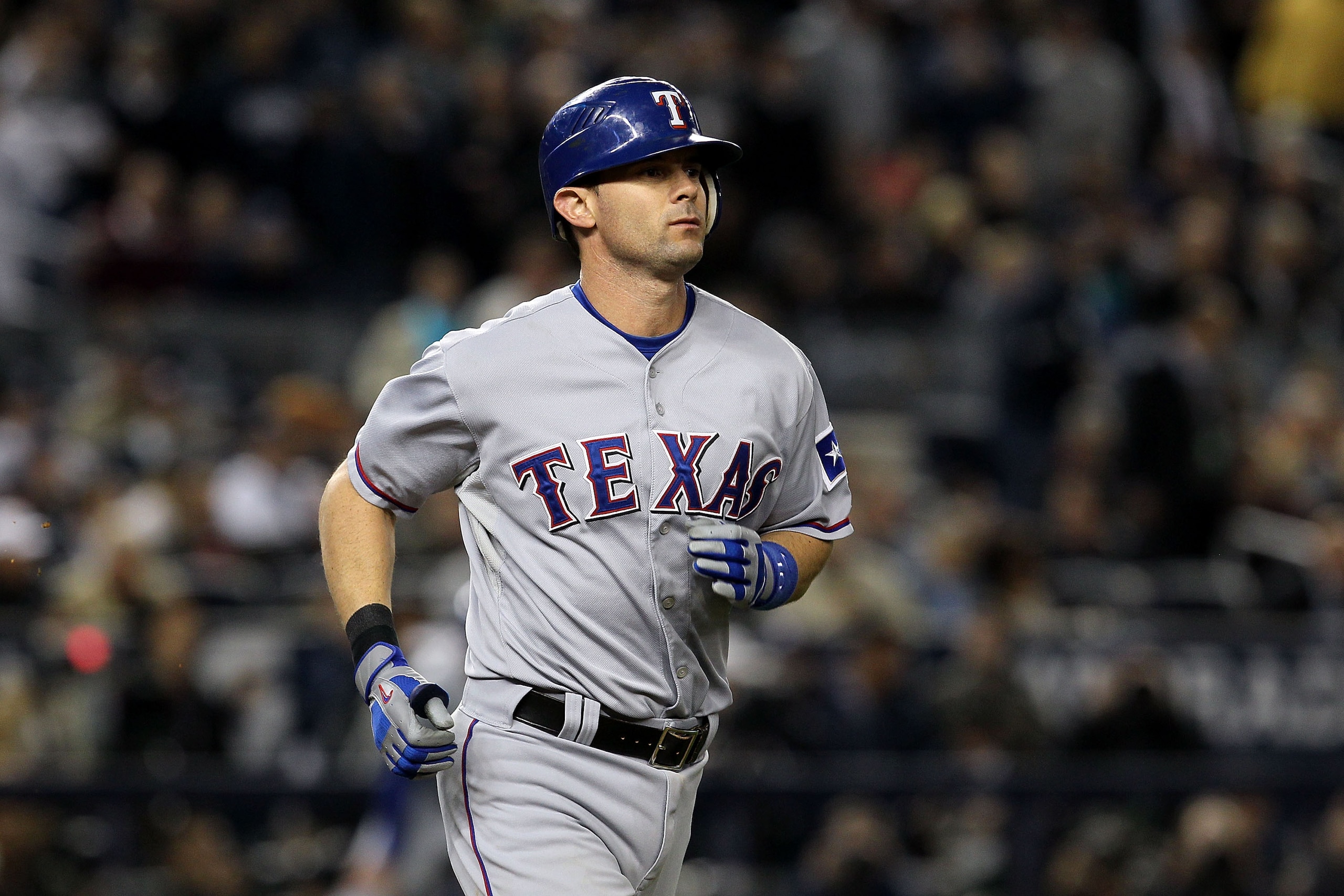 NEW YORK - OCTOBER 19: Michael Young #10 of the Texas Rangers runs towards first base against the New York Yankees in Game Four of the ALCS during the 2010 MLB Playoffs at Yankee Stadium on October 19, 2010 in the Bronx borough of New York City. (Photo NEW YORK - OCTOBER 19: Michael Young #10 of the Texas Rangers runs towards first base against the New York Yankees in Game Four of the ALCS during the 2010 MLB Playoffs at Yankee Stadium on October 19, 2010 in the Bronx borough of New York City. (Photo