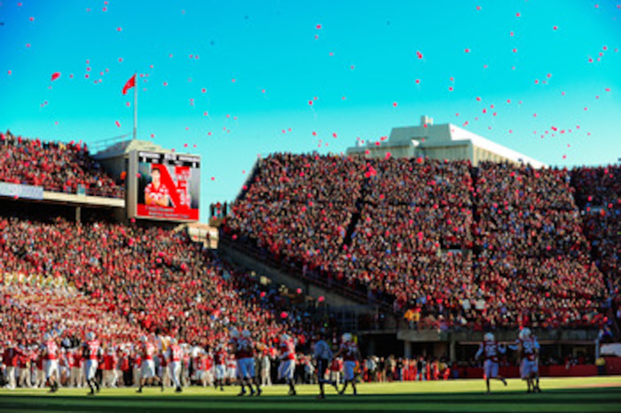 LINCOLN, NE - NOVEMBER 26: A release of balloons into the November sky celebrates Nebrask'a first touchdown of the game against the Colorado Buffaloes during their game at Memorial Stadium on November 26, 2010 in Lincoln, Nebraska. Nebraska defeated Color