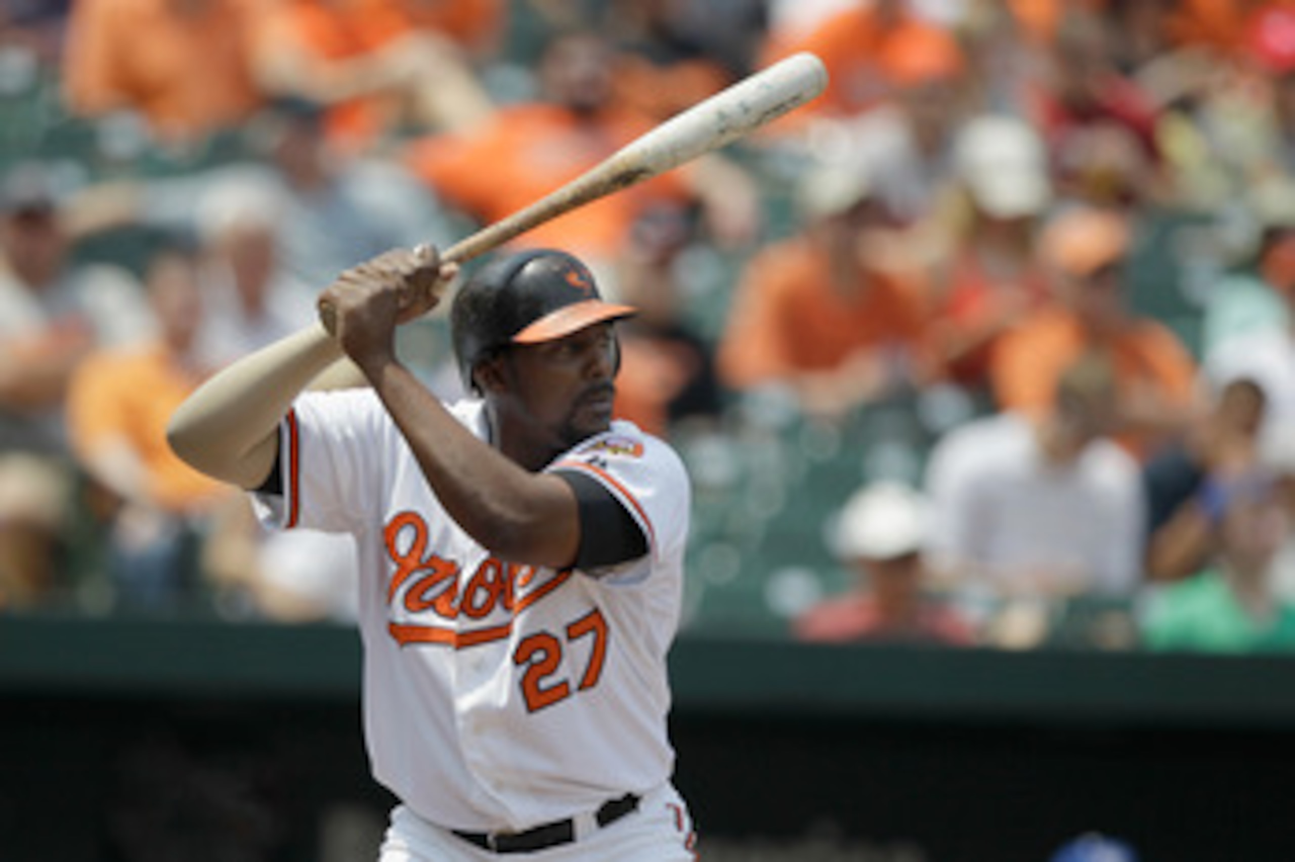 BALTIMORE, MD - MAY 26: Vladimir Guerrero #27 of the Baltimore Orioles at the plate against the Kansas City Royals at Oriole Park at Camden Yards on May 26, 2011 in Baltimore, Maryland.  (Photo by Rob Carr/Getty Images)