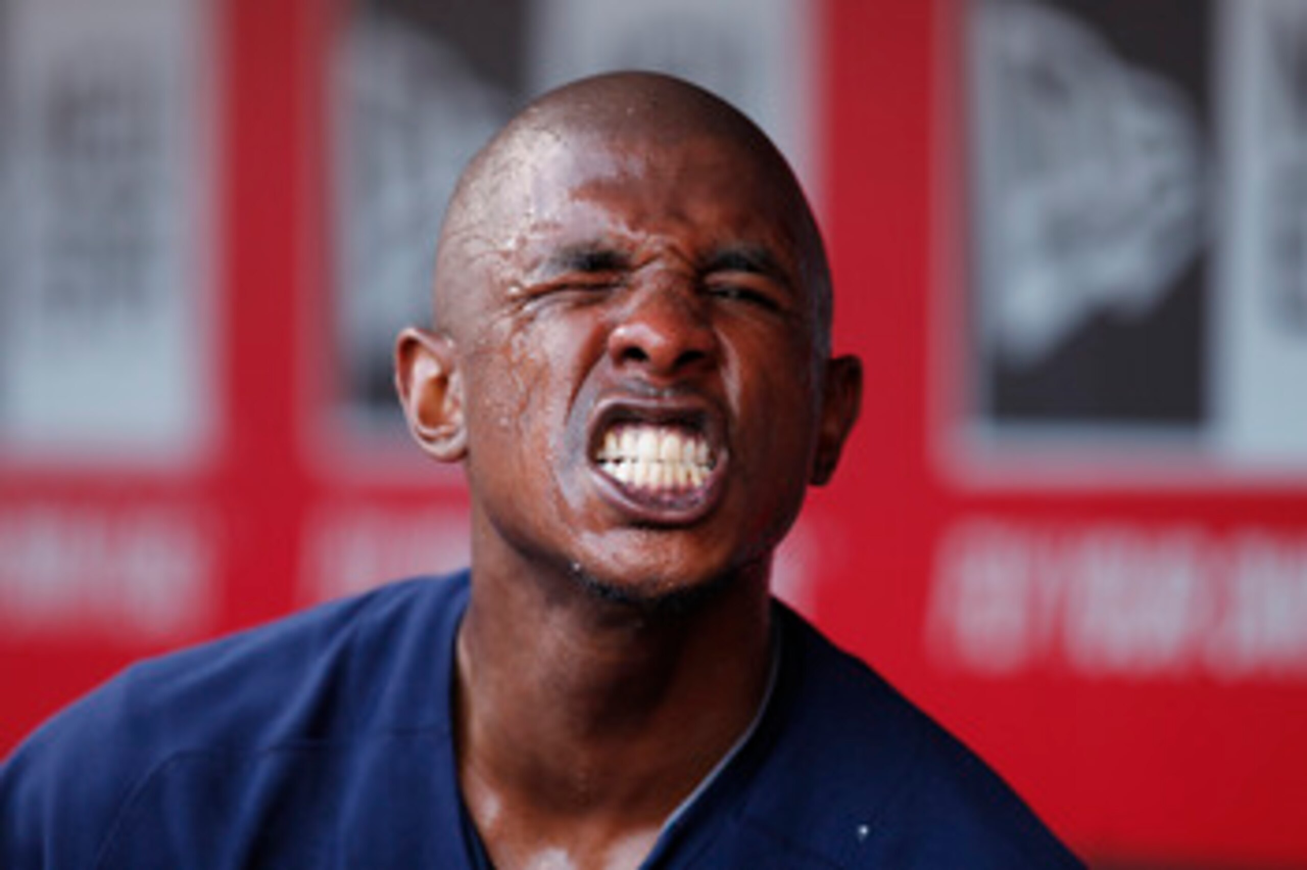 CINCINNATI, OH - JUNE 1: Nyjer Morgan #2 of the Milwaukee Brewers makes a face for the camera after pouring water over his face during the game against the Cincinnati Reds at Great American Ball Park on June 1, 2011 in Cincinnati, Ohio. (Photo by Joe Robb