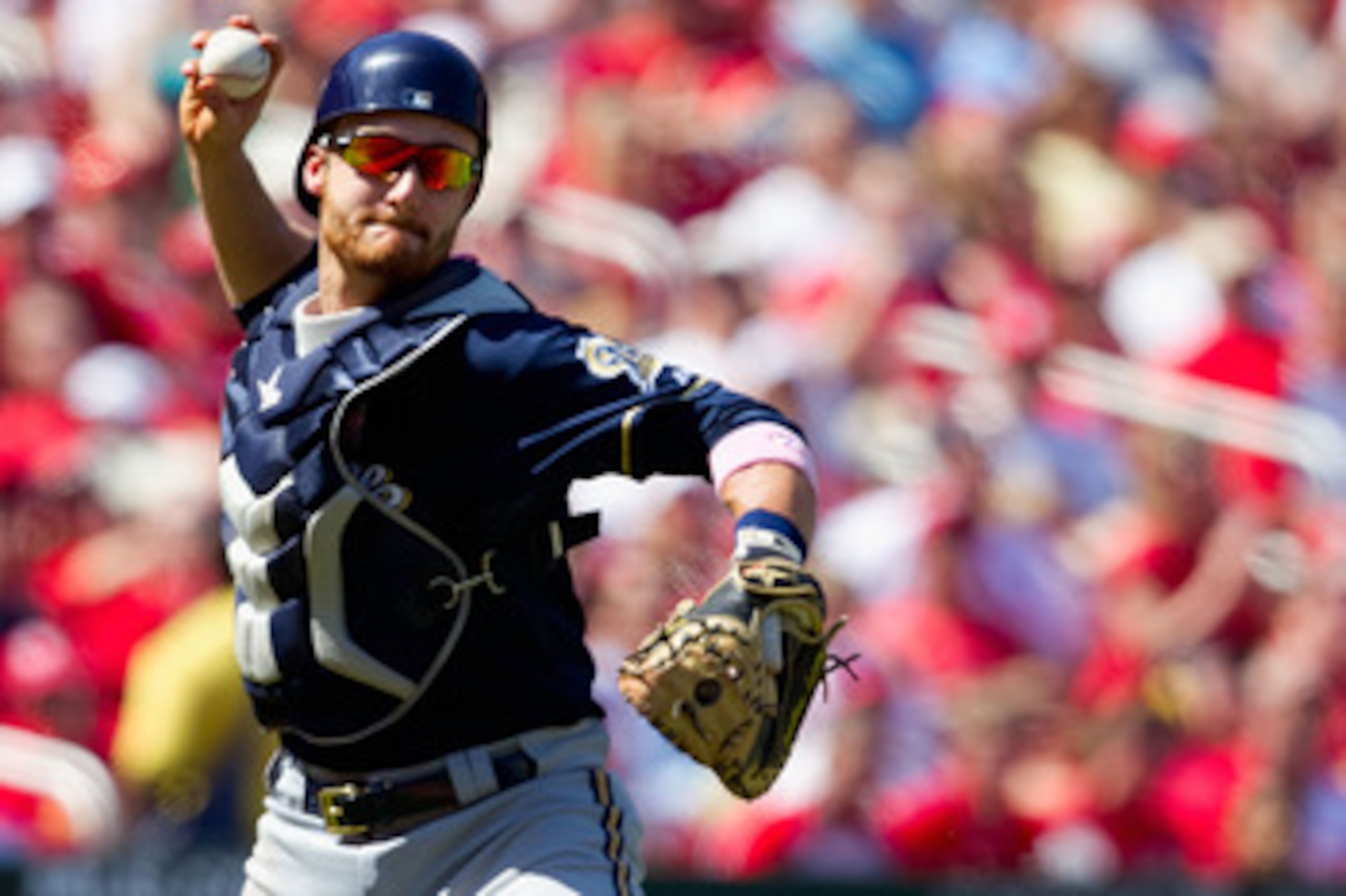 ST. LOUIS, MO - MAY 8: Jonathan Lucroy #20 of the Milwaukee Brewers throws to first base against the St. Louis Cardinals at Busch Stadium on May 8, 2011 in St. Louis, Missouri.  (Photo by Dilip Vishwanat/Getty Images)