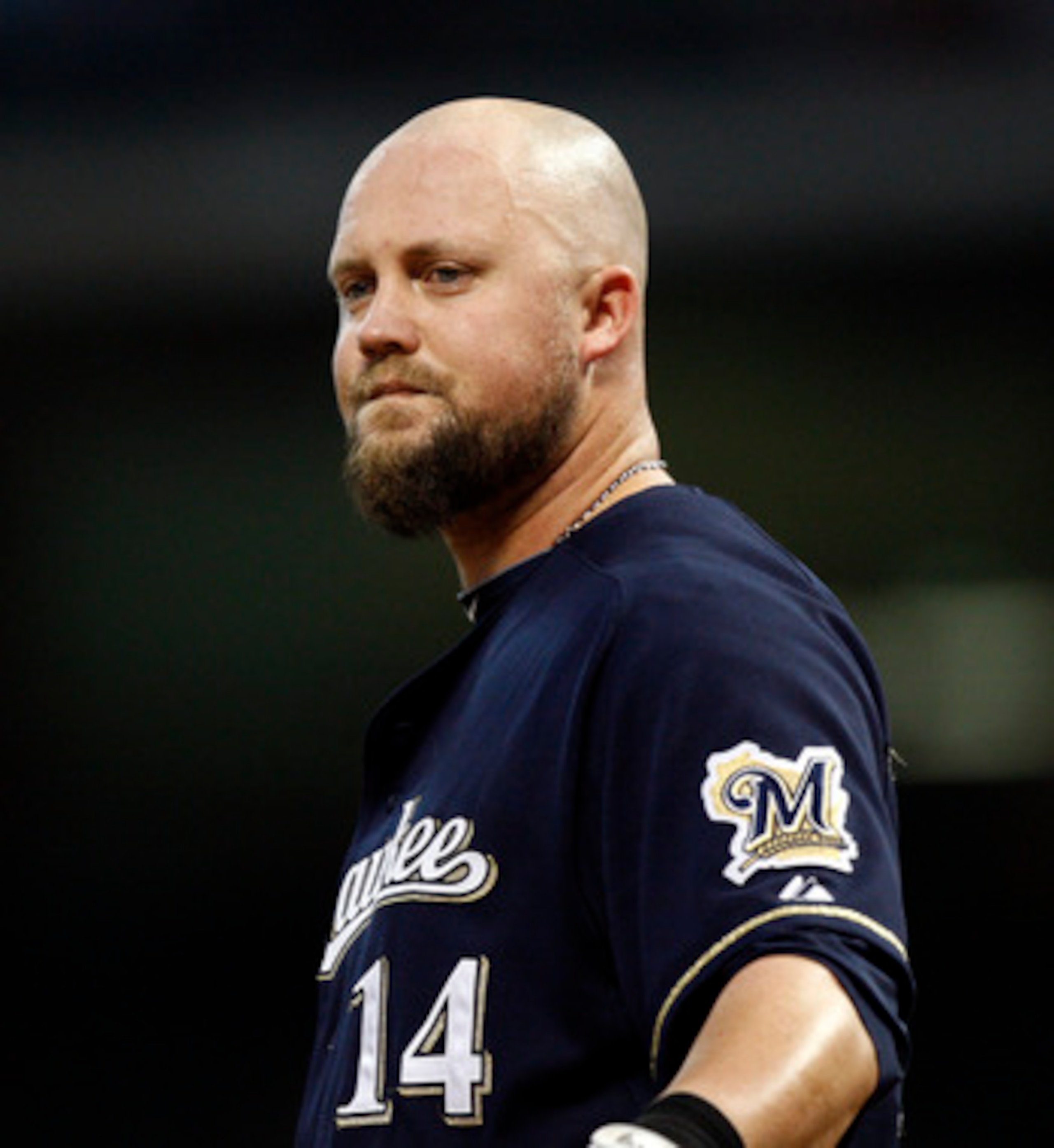 HOUSTON - APRIL 30:  Casey McGehee #14 of the Milwaukee Brewers looks back at the dugout after strinking out against the Houston Astros at Minute Maid Park on April 30, 2011 in Houston, Texas.  (Photo by Bob Levey/Getty Images)