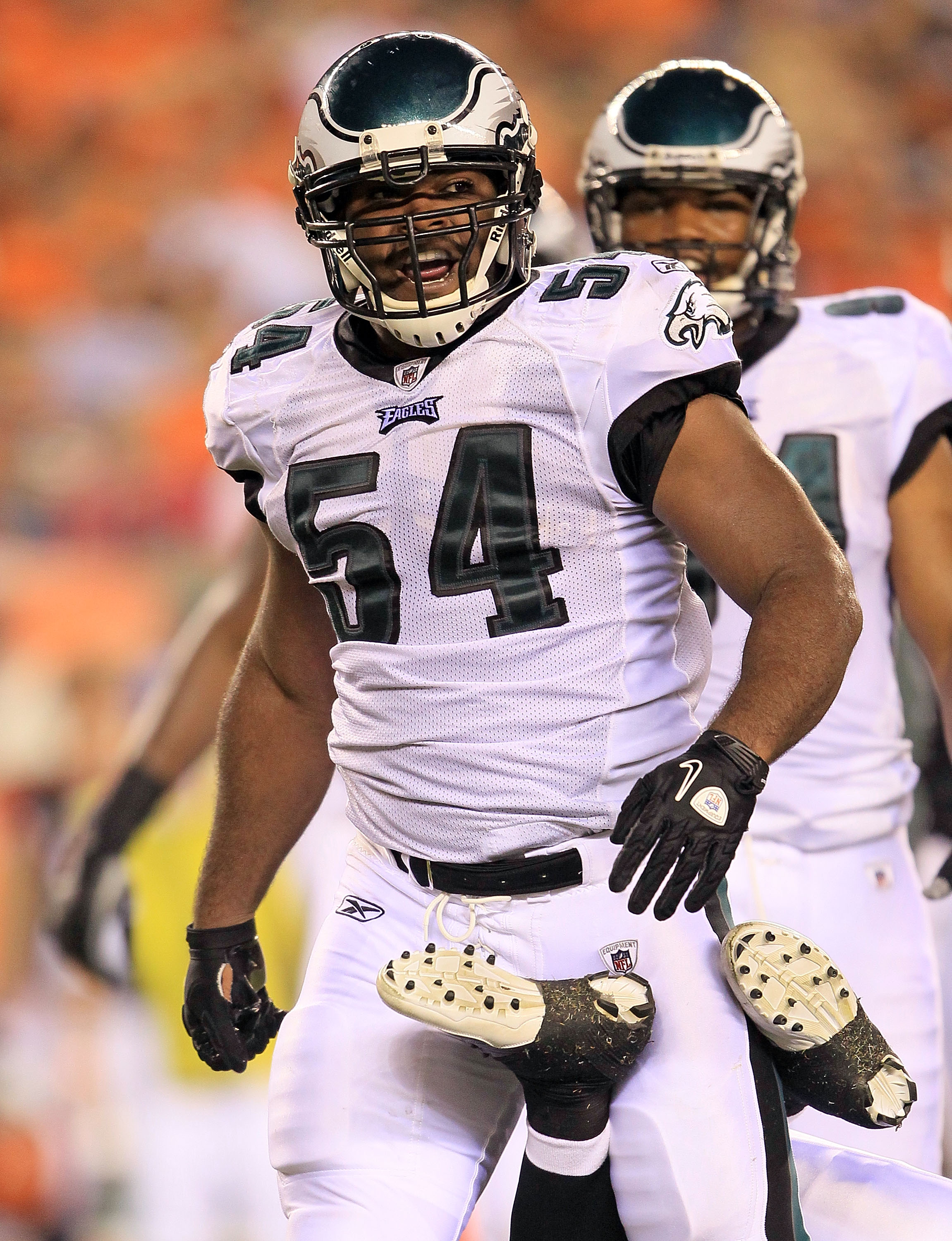 CINCINNATI - AUGUST 20:  Brandon Graham #54 of the Philadelphia Eagles celebrates after making a tackle during the NFL preseason game against the Cincinnati Bengals at Paul Brown Stadium on August 20, 2010 in Cincinnati, Ohio.  (Photo by Andy Lyons/Getty