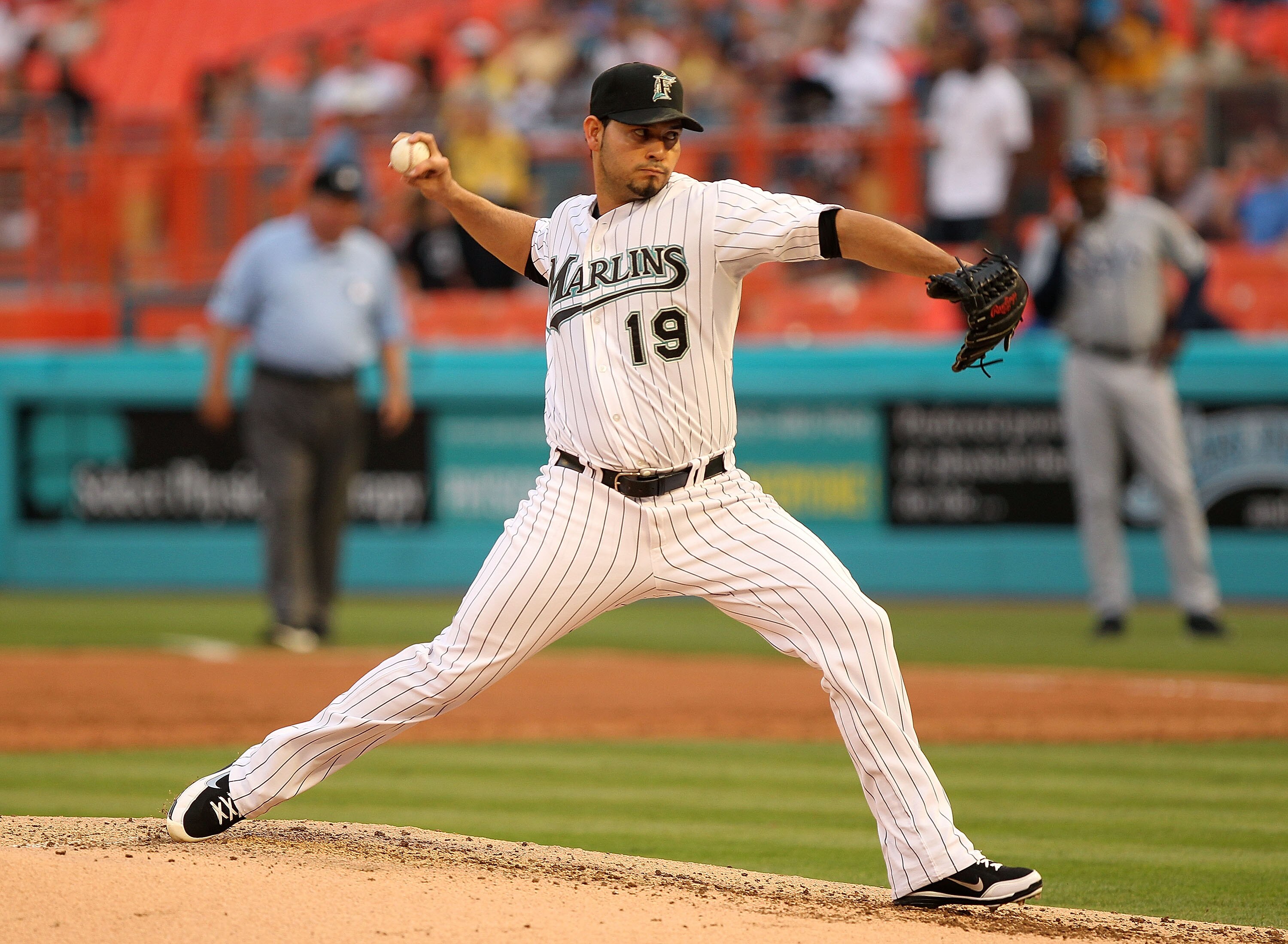 MIAMI GARDENS, FL - MAY 20: Anibal Sanchez #19 of the Florida Marlins pitches during a game against the Tampa Bay Rays at Sun Life Stadium on May 20, 2011 in Miami Gardens, Florida. (Photo by Mike Ehrmann/Getty Images)