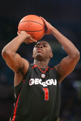 NEW YORK - DECEMBER 09:  Travis Leslie #1 of the Georgia Bulldogs shoots a free throw against the St. John's Red Storm during the SEC Big East Invitational at Madison Square Garden on December 9, 2009 in New York, New York. The Red Storm defeated the Bull