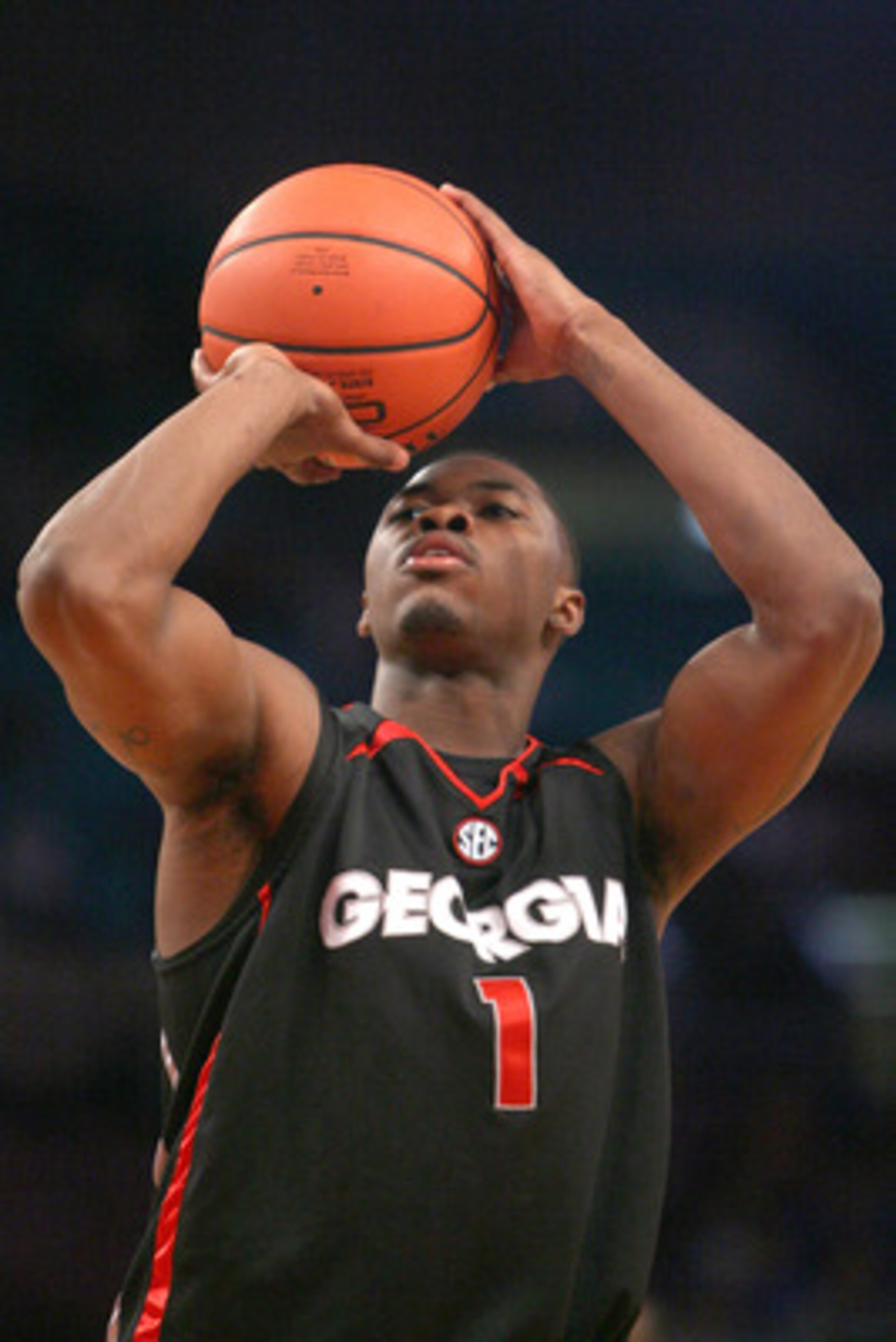 NEW YORK - DECEMBER 09:  Travis Leslie #1 of the Georgia Bulldogs shoots a free throw against the St. John's Red Storm during the SEC Big East Invitational at Madison Square Garden on December 9, 2009 in New York, New York. The Red Storm defeated the Bull