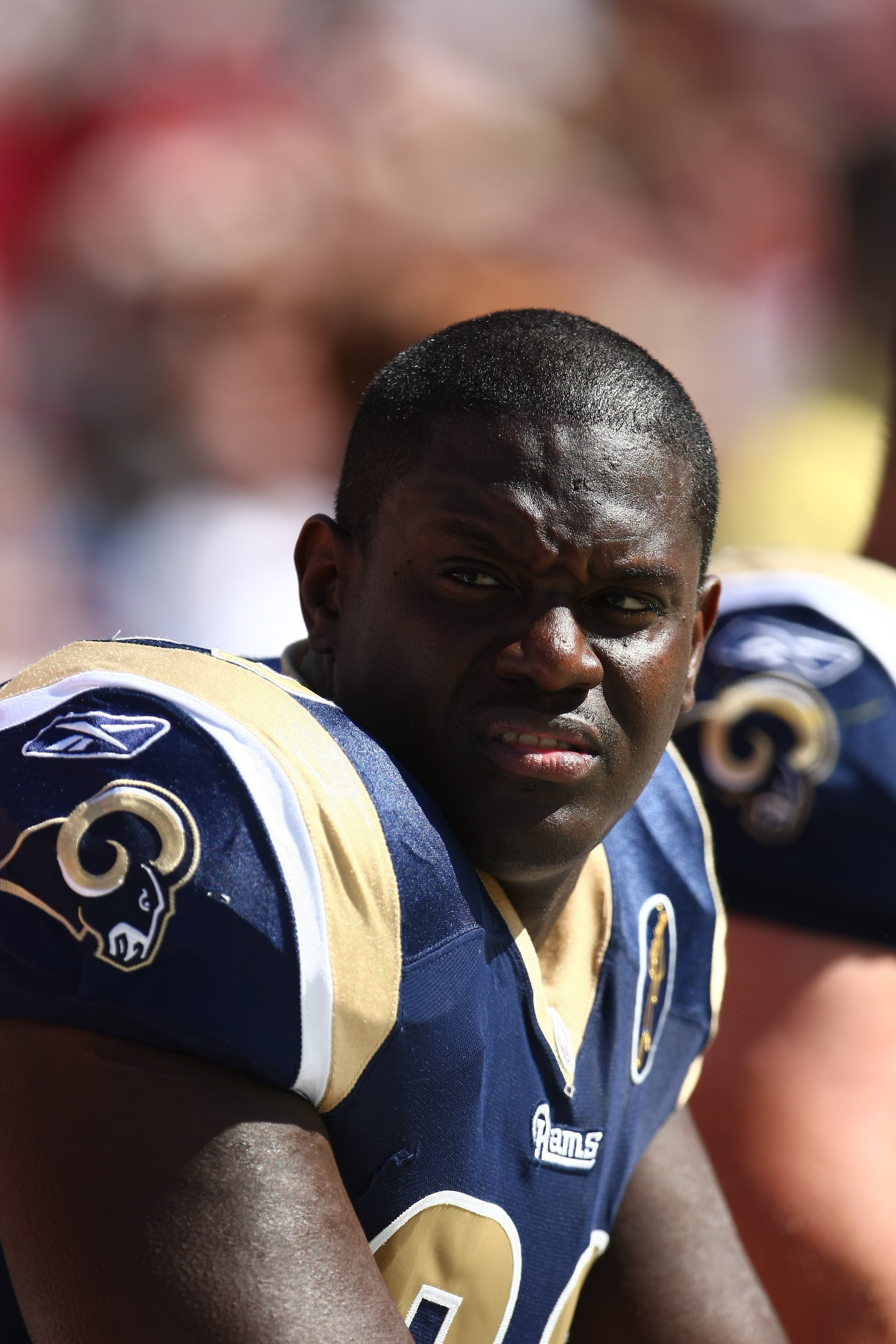 LANDOVER, MD - OCTOBER 12:  James Hall #96 of the St. Louis Rams looks on during the game against the Washington Redskins on October 12, 2008 at FedEx Field in Landover, Maryland. (Photo by Chris McGrath/Getty Images)