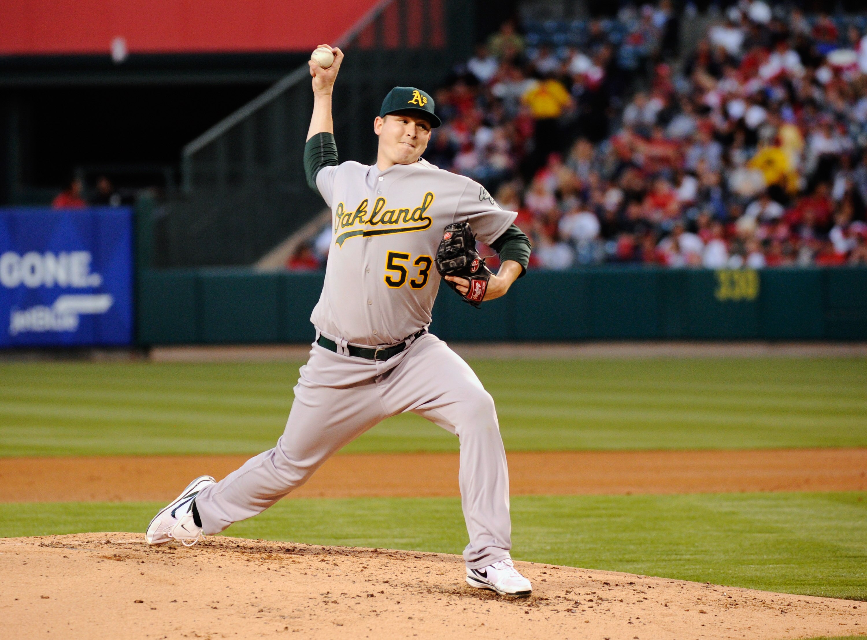 ANAHEIM, CA - MAY 25:  Pitcher Trevor Cahill #53 of the Oakland Athletics throws against the Los Angeles Angels of Anaheim during the baseball game at Angel Stadium of Anaheim on May 25, 2011 in Anaheim, California.  (Photo by Kevork Djansezian/Getty Imag
