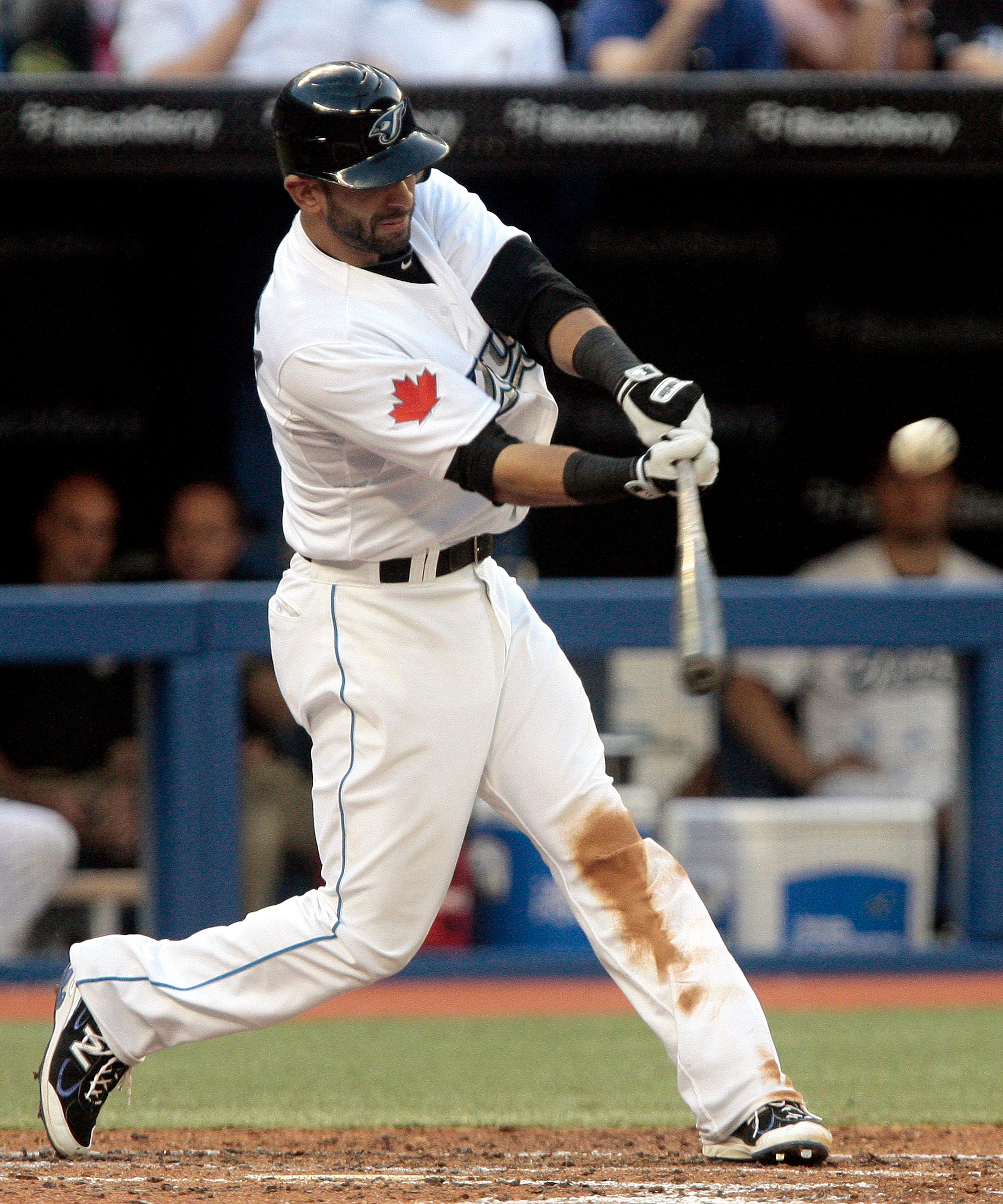 TORONTO, CANADA - MAY 30:  Jose Bautista #19 of the Toronto Blue Jays hits a two-run double against the Cleveland Indians during MLB action at Rogers Centre May 30, 2011 in Toronto, Ontario, Canada. (Photo by Abelimages/Getty Images)