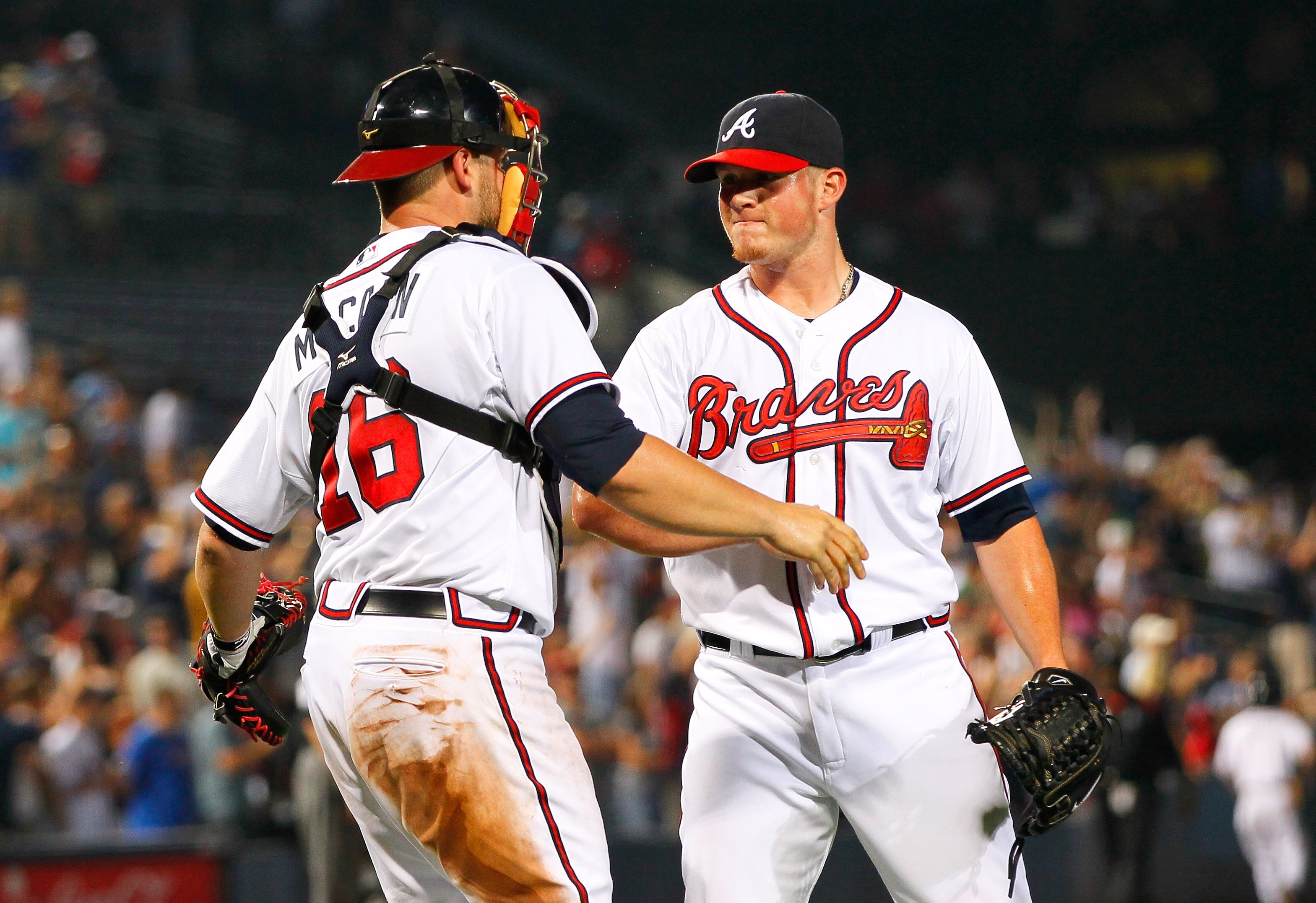 ATLANTA, GA - JUNE 01:  Craig Kimbrel #46 of the Atlanta Braves celebrates with Brian McCann #16 after their 4-3 win over the San Diego Padres in the ninth inning at Turner Field on June 1, 2011 in Atlanta, Georgia.  (Photo by Kevin C. Cox/Getty Images)