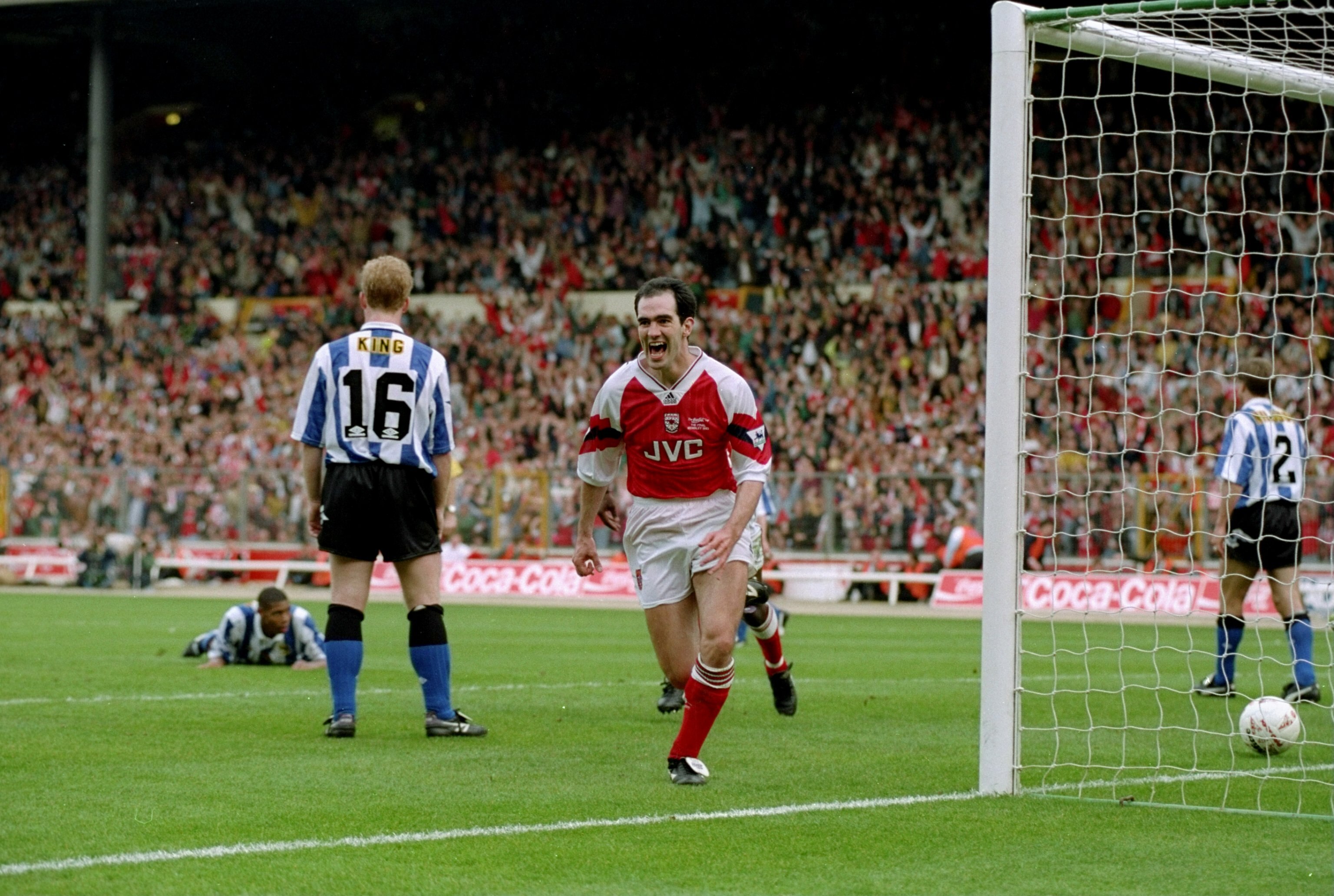 1993:  Steve Morrow of Arsenal celebrates after scoring the winning goal during the Coca Cola Cup final against Sheffield Wednesday at Wembley Stadium in London. Arsenal won the match 2-1. \ Mandatory Credit: Simon  Bruty/Allsport