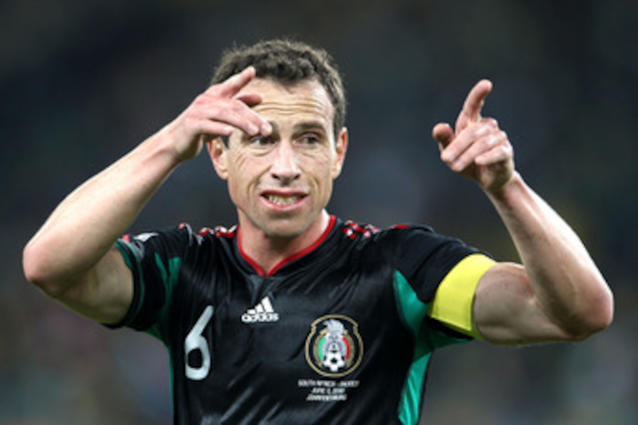 JOHANNESBURG, SOUTH AFRICA - JUNE 11: Gerardo Torrado of Mexico gestures during the 2010 FIFA World Cup South Africa Group A match between South Africa and Mexico at Soccer City Stadium on June 11, 2010 in Johannesburg, South Africa.  (Photo by Phil Cole/