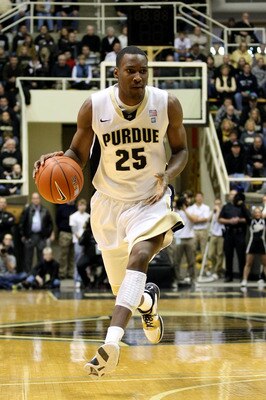 WEST LAFAYETTE, IN - JANUARY 09:  JaJuan Johnson #25 of the Purdue Boilermakers drives against the Iowa Hawkeyes at Mackey Arena on January 9, 2011 in West Lafayette, Indiana. Purdue won 75-52.  (Photo by Chris Chambers/Getty Images)