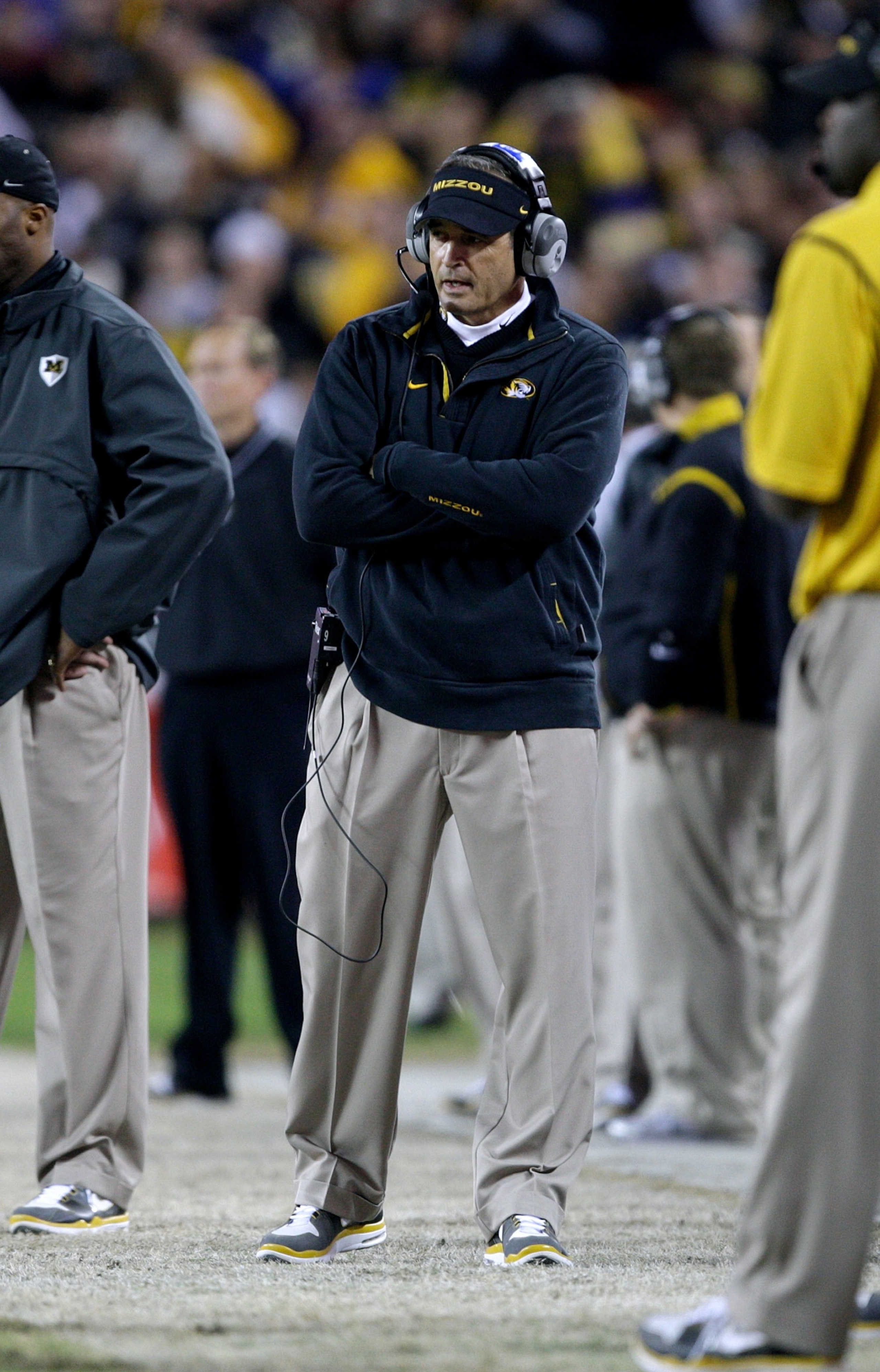 KANSAS CITY, MO - NOVEMBER 28:  Head Coach Gary Pinkle of the Missouri Tigers looks on from the side line during their game against the Kansas Jayhawks during the game at Arrowhead Stadium on November 28, 2009 in Kansas City, Missouri. (Photo by Jamie Squ