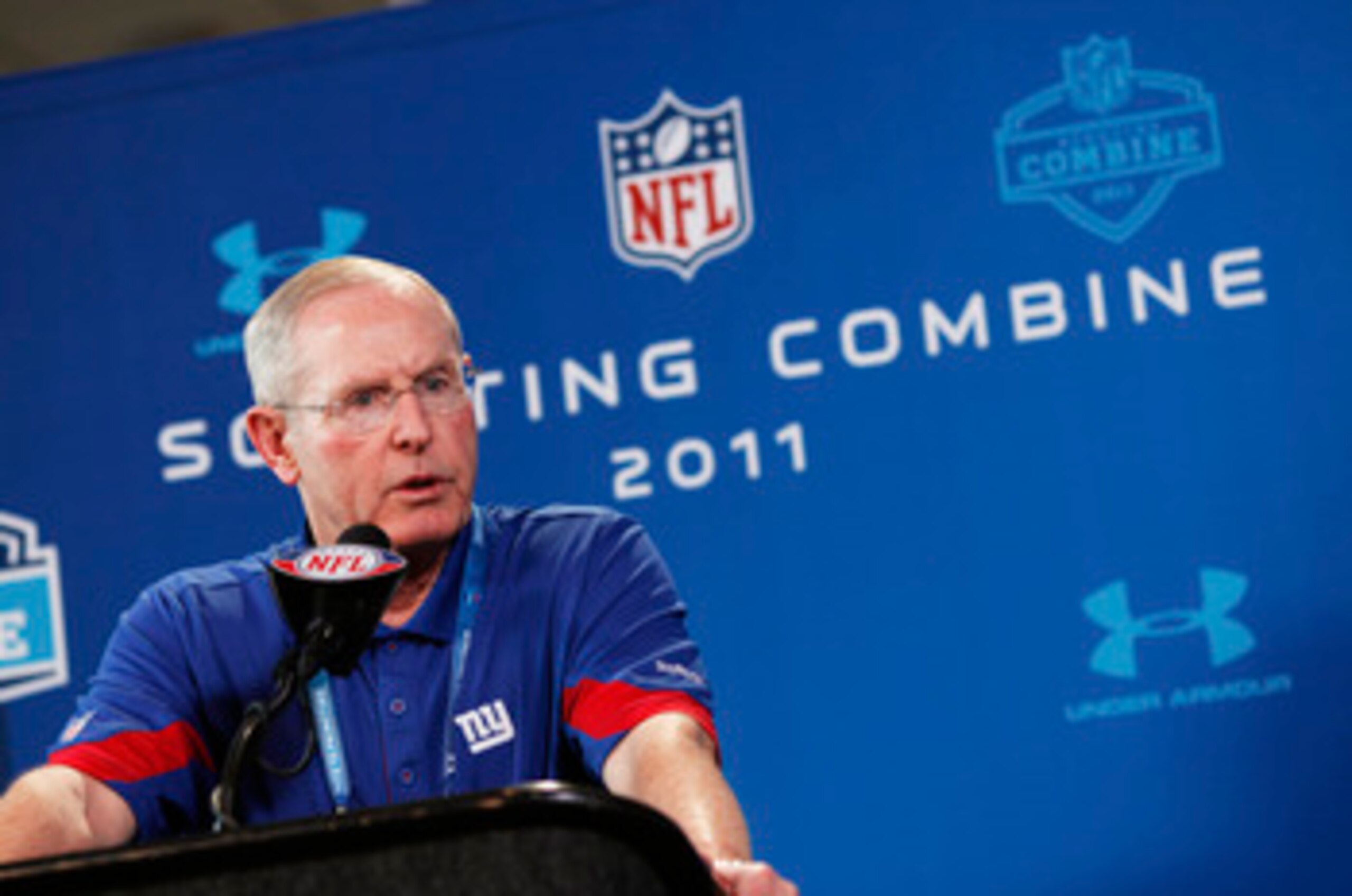 INDIANAPOLIS, IN - FEBRUARY 25: New York Giants head coach Tom Coughlin answers questions during a media session at the 2011 NFL Scouting Combine at Lucas Oil Stadium on February 25, 2011 in Indianapolis, Indiana. (Photo by Joe Robbins/Getty Images)