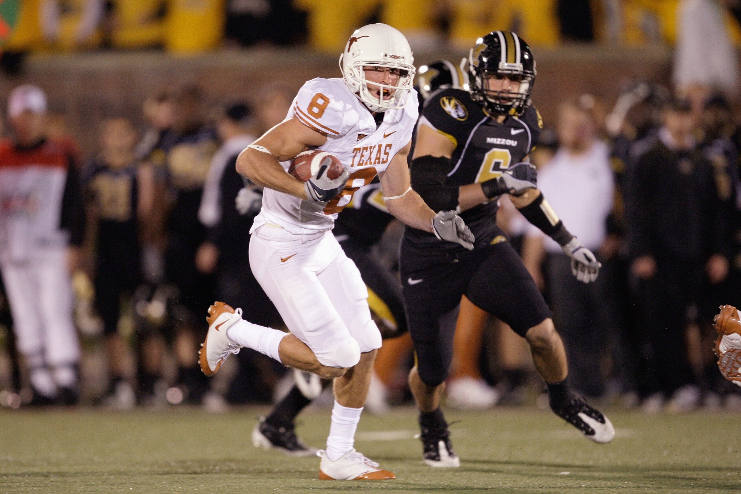 COLUMBIA, MO - OCTOBER 24: Jordan Shipley #8 of the Texas Longhorns carries the ball during the game against the Missouri Tigers on October 24, 2009 at Faurot Field/Memorial Stadium in Columbia, Missouri. (Photo by Jamie Squire/Getty Images)