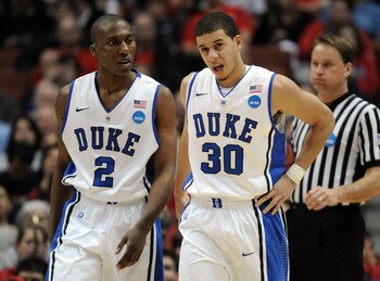 ANAHEIM, CA - MARCH 24:  Nolan Smith #2 and Seth Curry #30 of the Duke Blue Devils look on against the Arizona Wildcats during the west regional semifinal of the 2011 NCAA men's basketball tournament at the Honda Center on March 24, 2011 in Anaheim, Calif