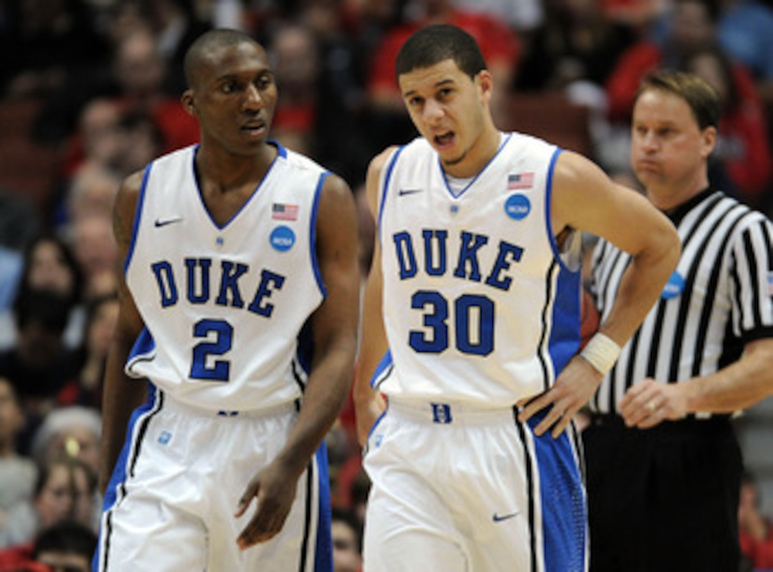 ANAHEIM, CA - MARCH 24:  Nolan Smith #2 and Seth Curry #30 of the Duke Blue Devils look on against the Arizona Wildcats during the west regional semifinal of the 2011 NCAA men's basketball tournament at the Honda Center on March 24, 2011 in Anaheim, Calif