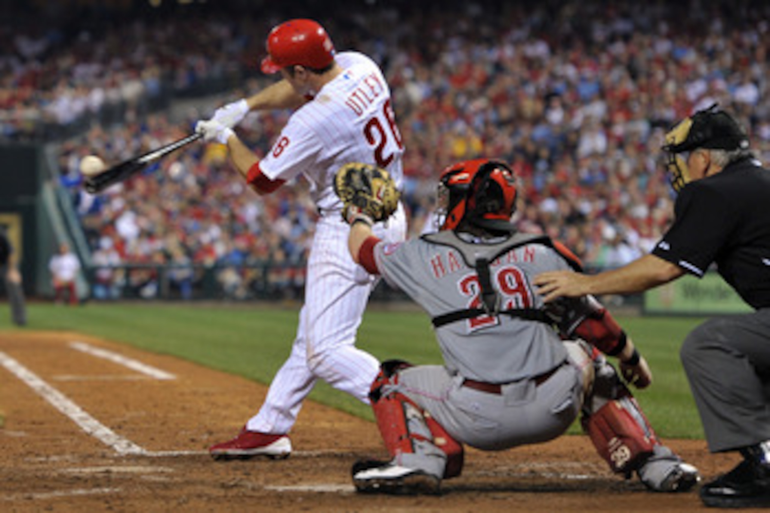 PHILADELPHIA, PA - MAY 23: Chase Utley #26 of the Philadelphia Phillies pops out in his first game back this season during the game against the Cincinnati Reds at Citizens Bank Park on May 23, 2011 in Philadelphia, Pennsylvania. Utley went 0-5 in during t