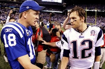 INDIANAPOLIS - NOVEMBER 15:  Quarterback Peyton Manning #18 of the Indianapolis Colts greets Tom Brady #12 of the New England Patriots after the game at Lucas Oil Stadium on November 15, 2009 in Indianapolis, Indiana.  The Colts won the game 35-34.  (Phot