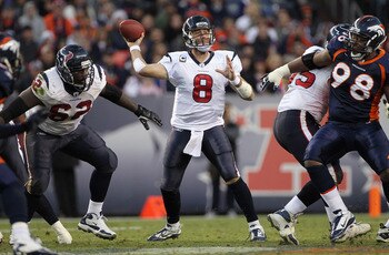 DENVER - DECEMBER 26:  Quarterback Matt Schaub #8 of the Houston Texas delivers a pass against the Denver Broncos at INVESCO Field at Mile High on December 26, 2010 in Denver, Colorado. The Broncos defeated the Texans 24-23.  (Photo by Doug Pensinger/Gett