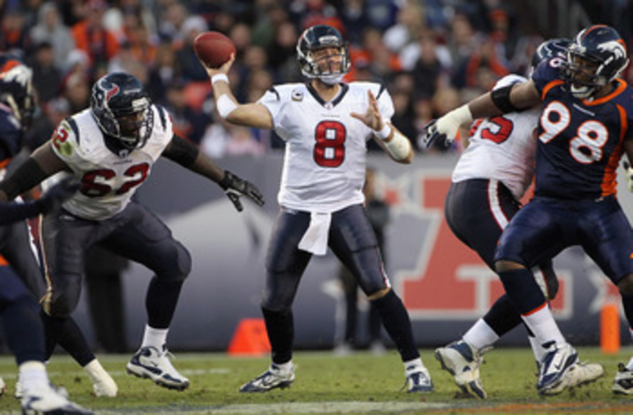 DENVER - DECEMBER 26:  Quarterback Matt Schaub #8 of the Houston Texas delivers a pass against the Denver Broncos at INVESCO Field at Mile High on December 26, 2010 in Denver, Colorado. The Broncos defeated the Texans 24-23.  (Photo by Doug Pensinger/Gett