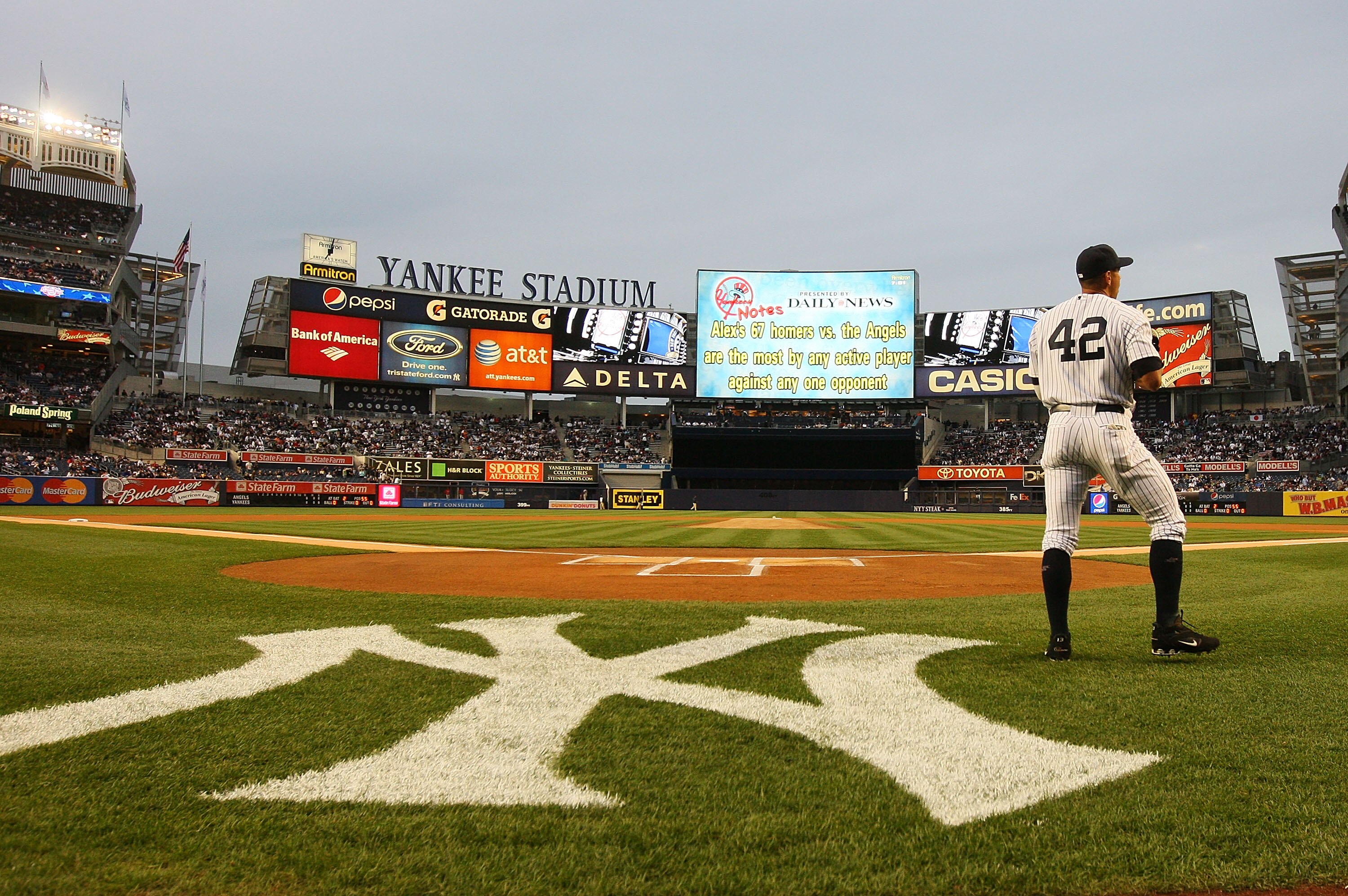 NEW YORK - APRIL 15:  Alex Rodriguez of the New York Yankees takes infield practice prior to a game against the Los Angeles Angels of Anaheim on April 15, 2010 in the Bronx borough of New York City.  All Major League players joined in wearing #42 today in