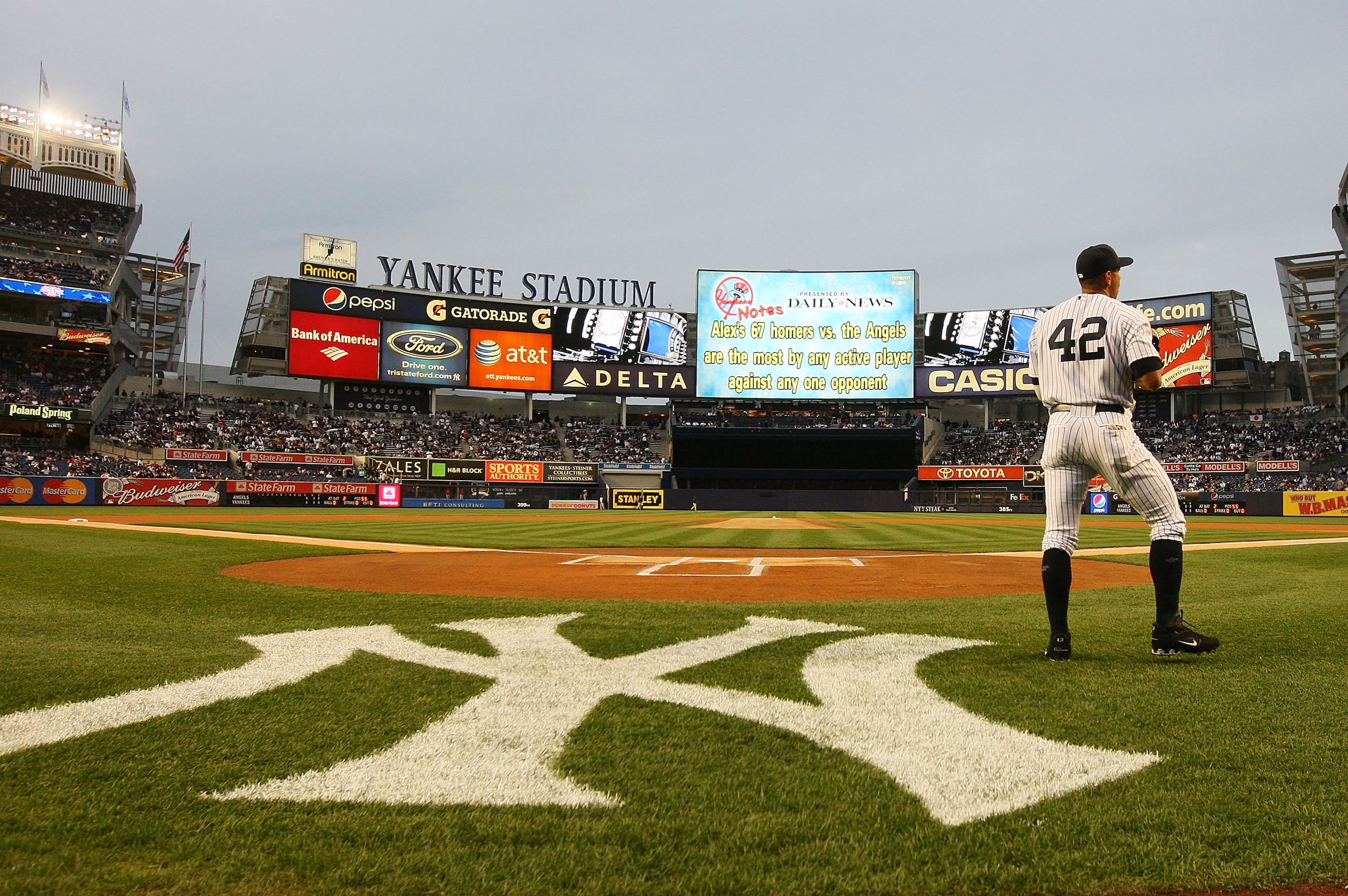 NEW YORK - APRIL 15:  Alex Rodriguez of the New York Yankees takes infield practice prior to a game against the Los Angeles Angels of Anaheim on April 15, 2010 in the Bronx borough of New York City.  All Major League players joined in wearing #42 today in