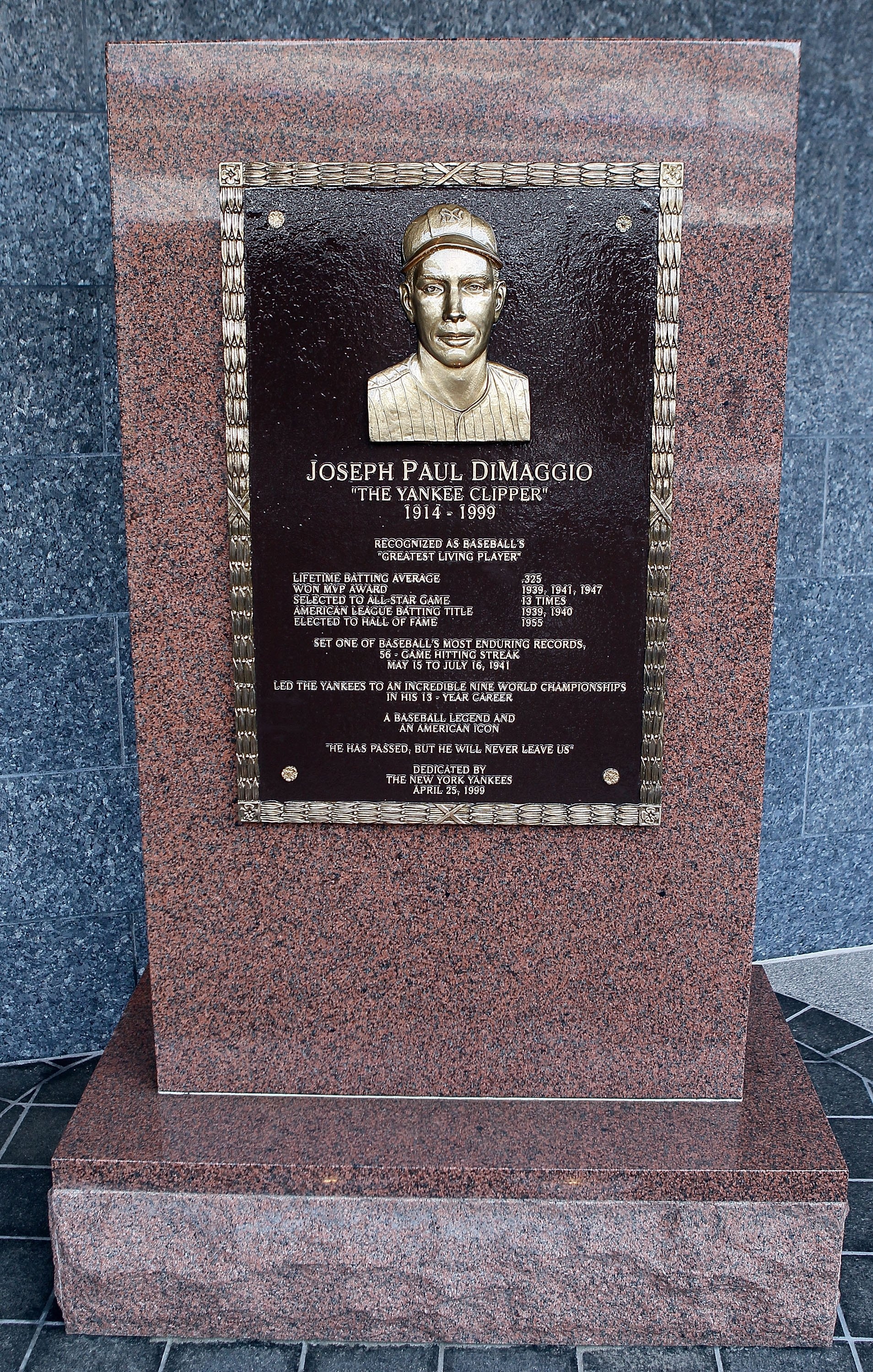 NEW YORK - MAY 02:  The monument of Joe DiMaggio is seen in Monument Park at Yankee Stadium prior to game between the New York Yankees and the Chicago White Sox on May 2, 2010 in the Bronx borough of New York City. The Yankees defeated the White Sox 12-3.