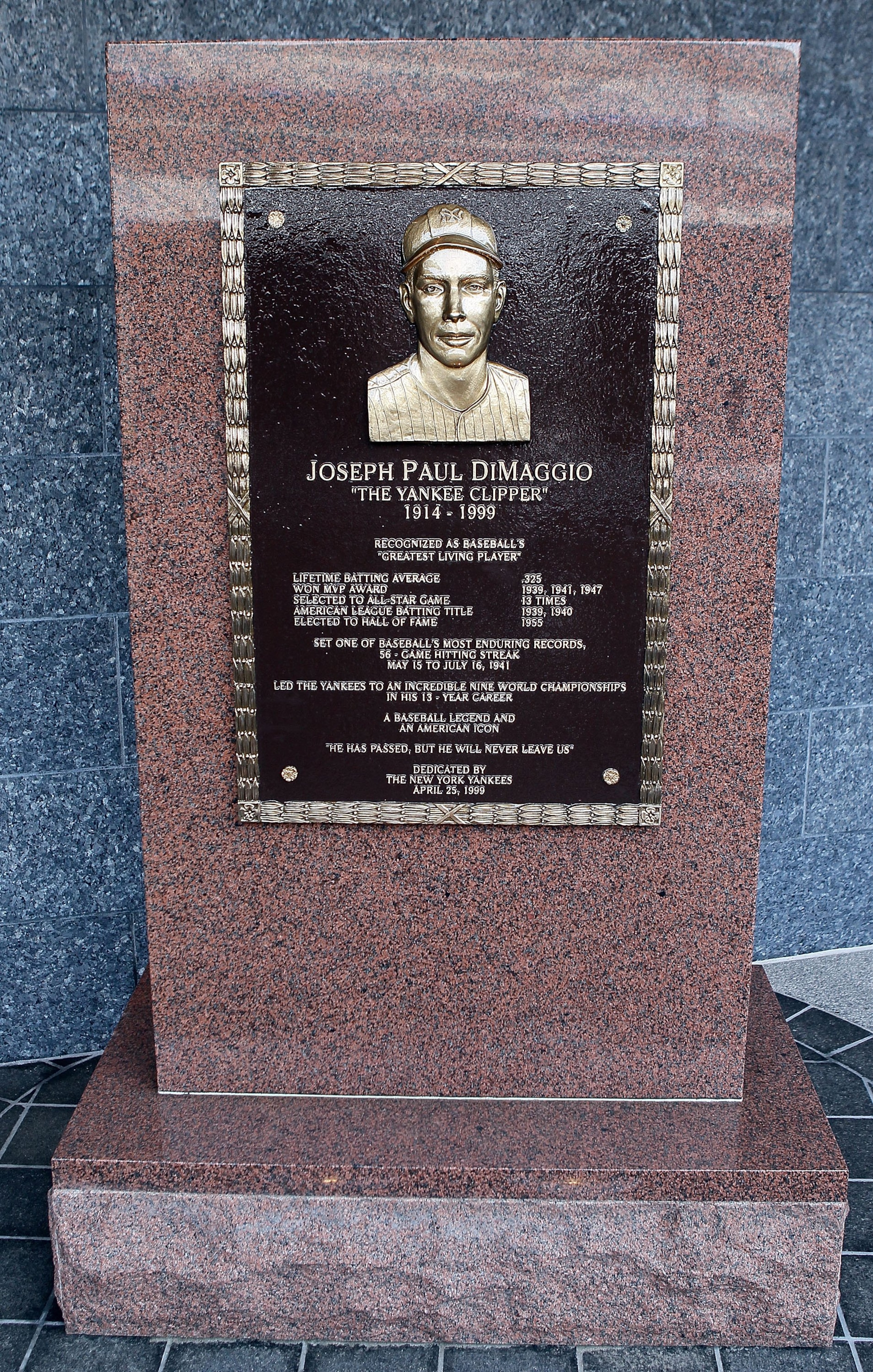 NEW YORK - MAY 02:  The monument of Joe DiMaggio is seen in Monument Park at Yankee Stadium prior to game between the New York Yankees and the Chicago White Sox on May 2, 2010 in the Bronx borough of New York City. The Yankees defeated the White Sox 12-3.
