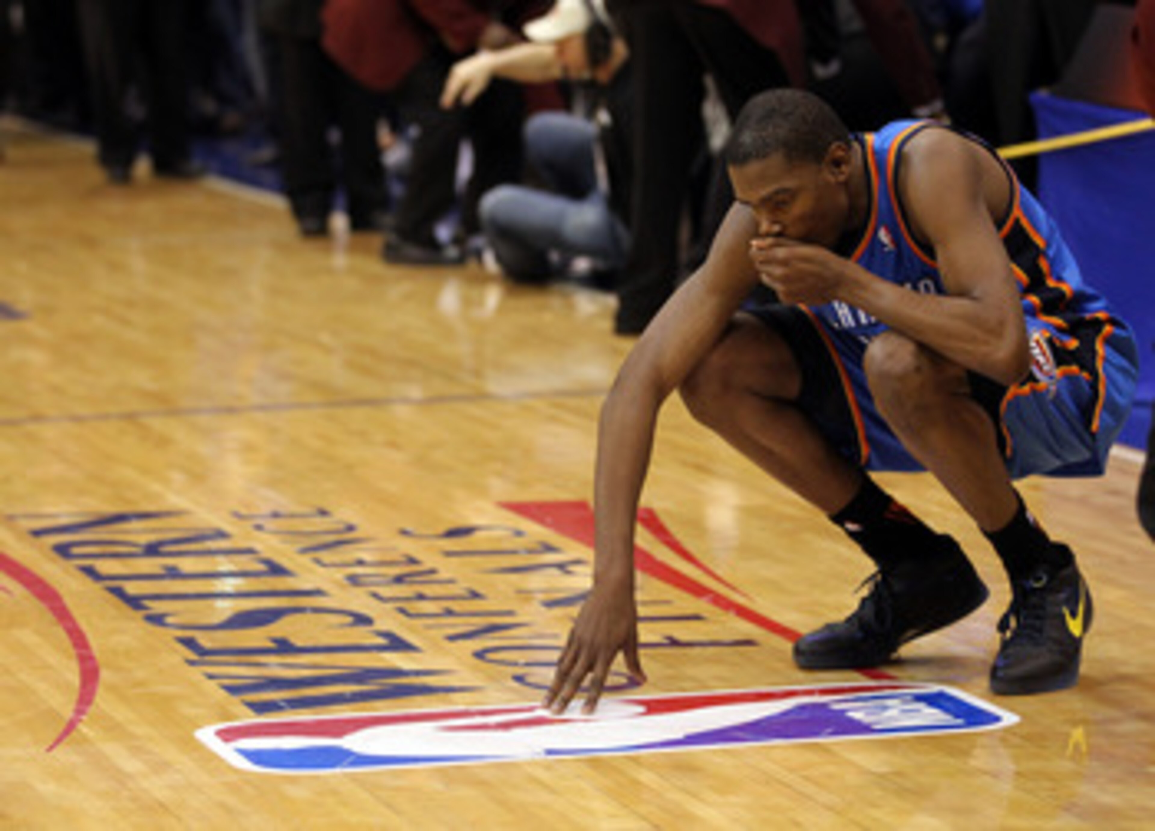 DALLAS, TX - MAY 25:  Kevin Durant #35 of the Oklahoma City Thunder reacts after the Thunder were defeated by the Dallas Mavericks 100-96 in Game Five of the Western Conference Finals during the 2011 NBA Playoffs at American Airlines Center on May 25, 201
