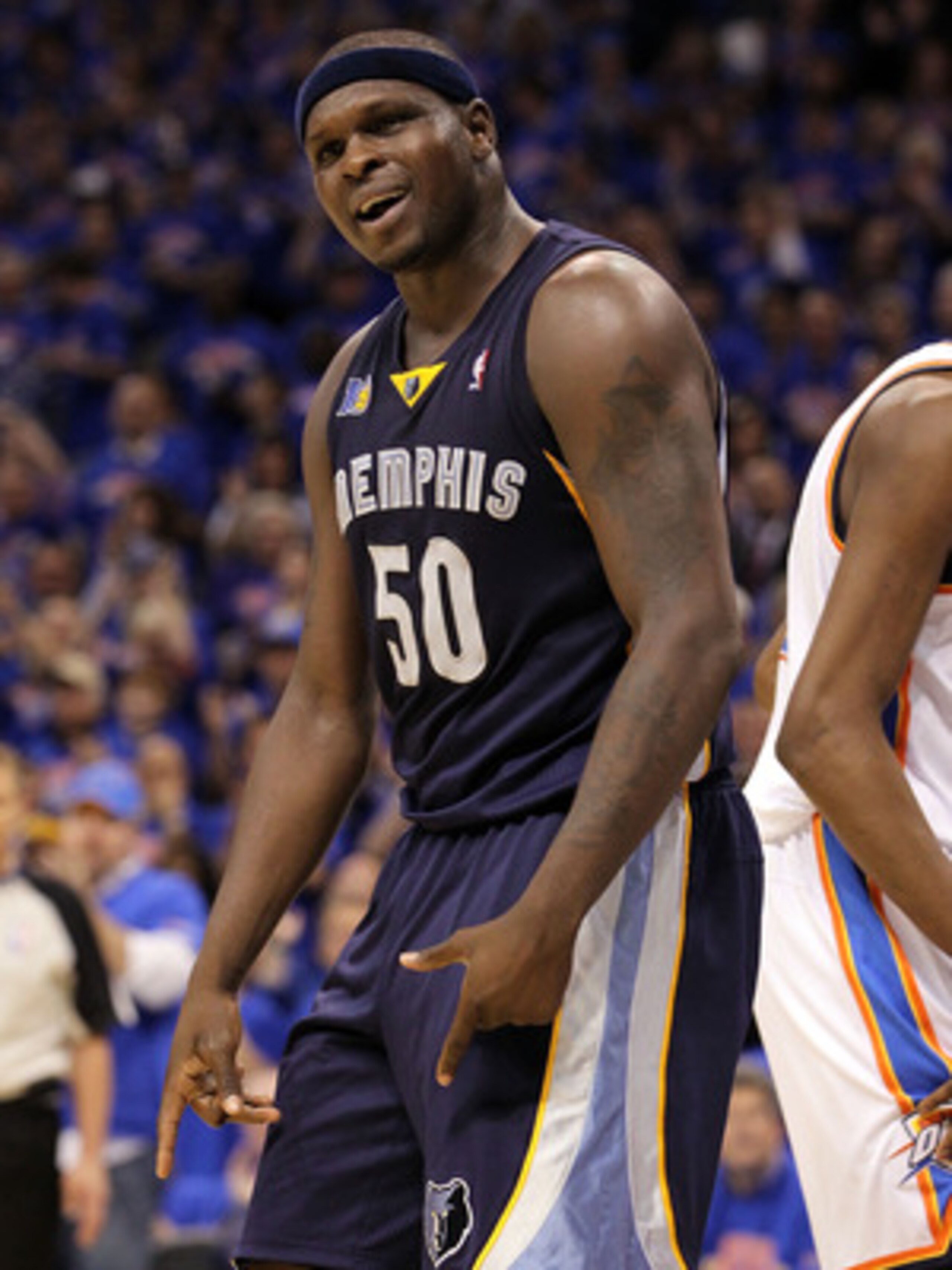 OKLAHOMA CITY, OK - MAY 15:  Forward Zach Randolph #50 of the Memphis Grizzlies reacts against the Oklahoma City Thunder in Game Seven of the Western Conference Semifinals in the 2011 NBA Playoffs on May 15, 2011 at Oklahoma City Arena in Oklahoma City, O
